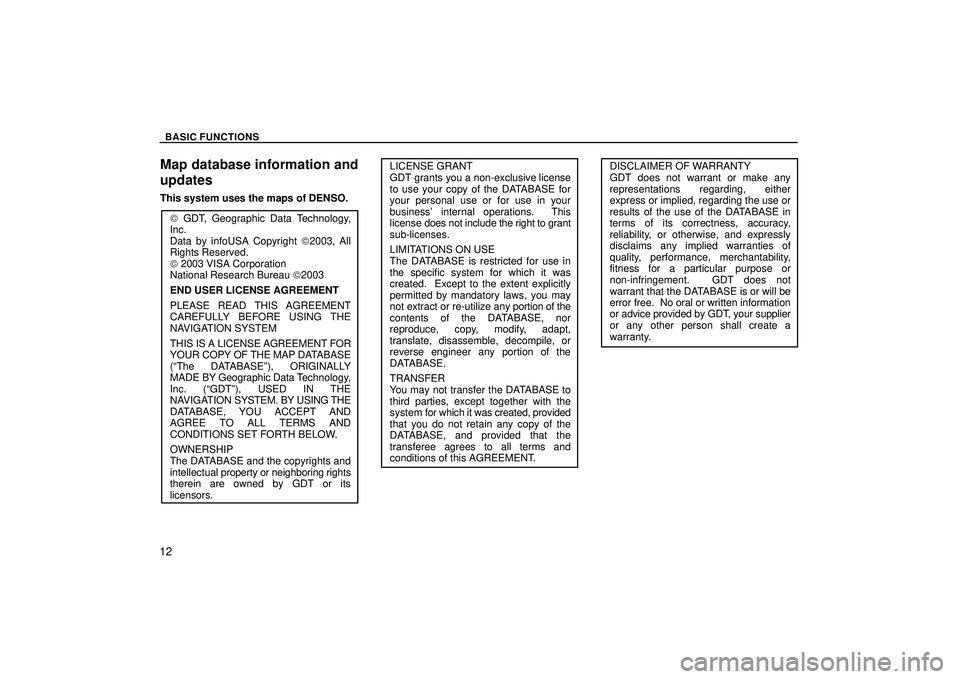 TOYOTA HIGHLANDER 2001  Service User Guide BASIC FUNCTIONS
12
Map database information and
updates
This system uses the maps of DENSO.
W GDT, Geographic Data Technology,
Inc.
Data by infoUSA Copyright W2003, All
Rights Reserved.
W 2003 VISA Co