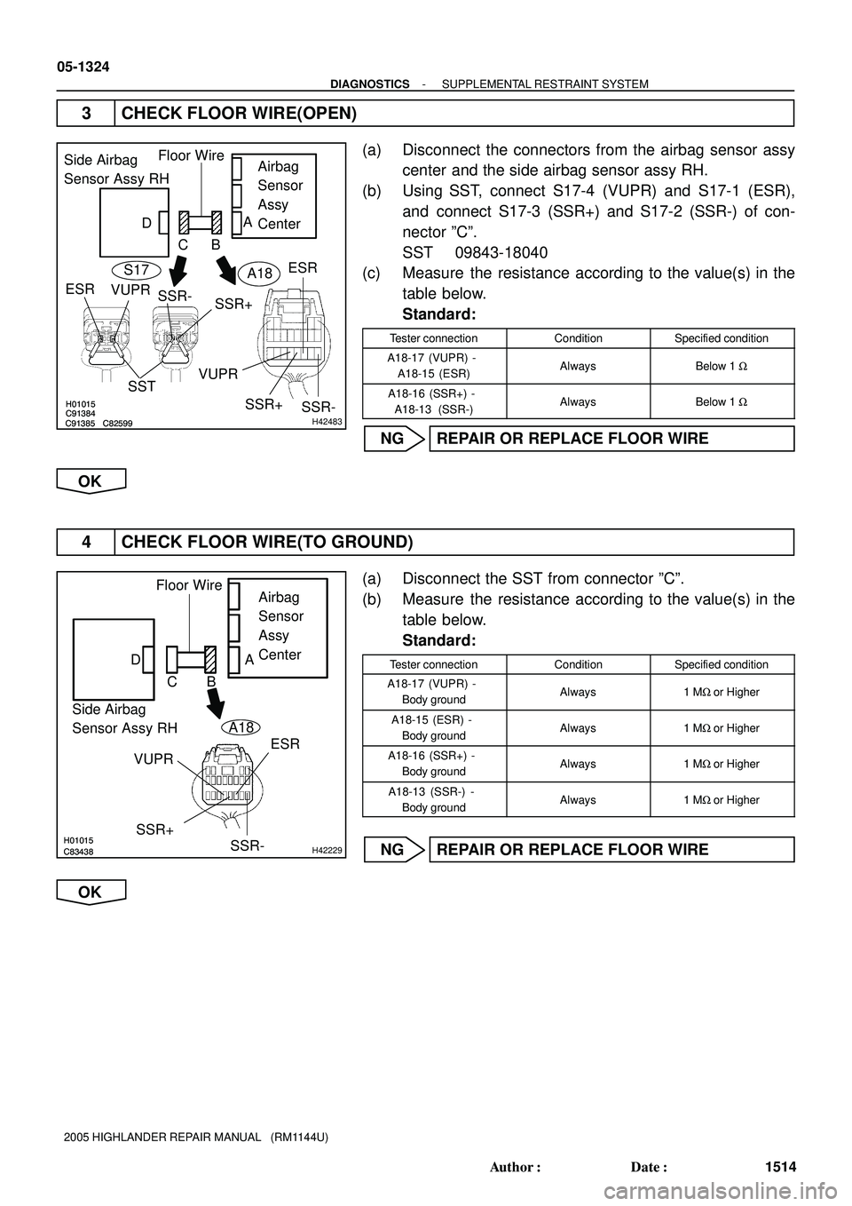 TOYOTA HIGHLANDER 2001  Service Repair Manual H01015
C91384
C91385 C82599H01015
C91384
C91385 C82599
H42483
Airbag
Sensor
Assy
Center
ESR
VUPR
SSR+
SSR- Side Airbag
Sensor Assy RHFloor Wire
SST
D
CBA
ESR
VUPRSSR+ SSR- S17
A18
H01015C83438H01015C8