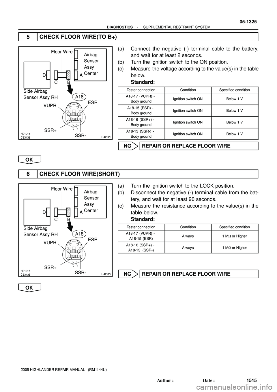 TOYOTA HIGHLANDER 2001  Service Repair Manual H01015C83438H01015C83438H42229
Side Airbag
Sensor Assy RHAirbag
Sensor
Assy
Center
ESR
VUPR
SSR+
Floor Wire
D
CBA
SSR-
A18
H01015C83438H01015C83438H42229
Side Airbag
Sensor Assy RHAirbag
Sensor
Assy
C