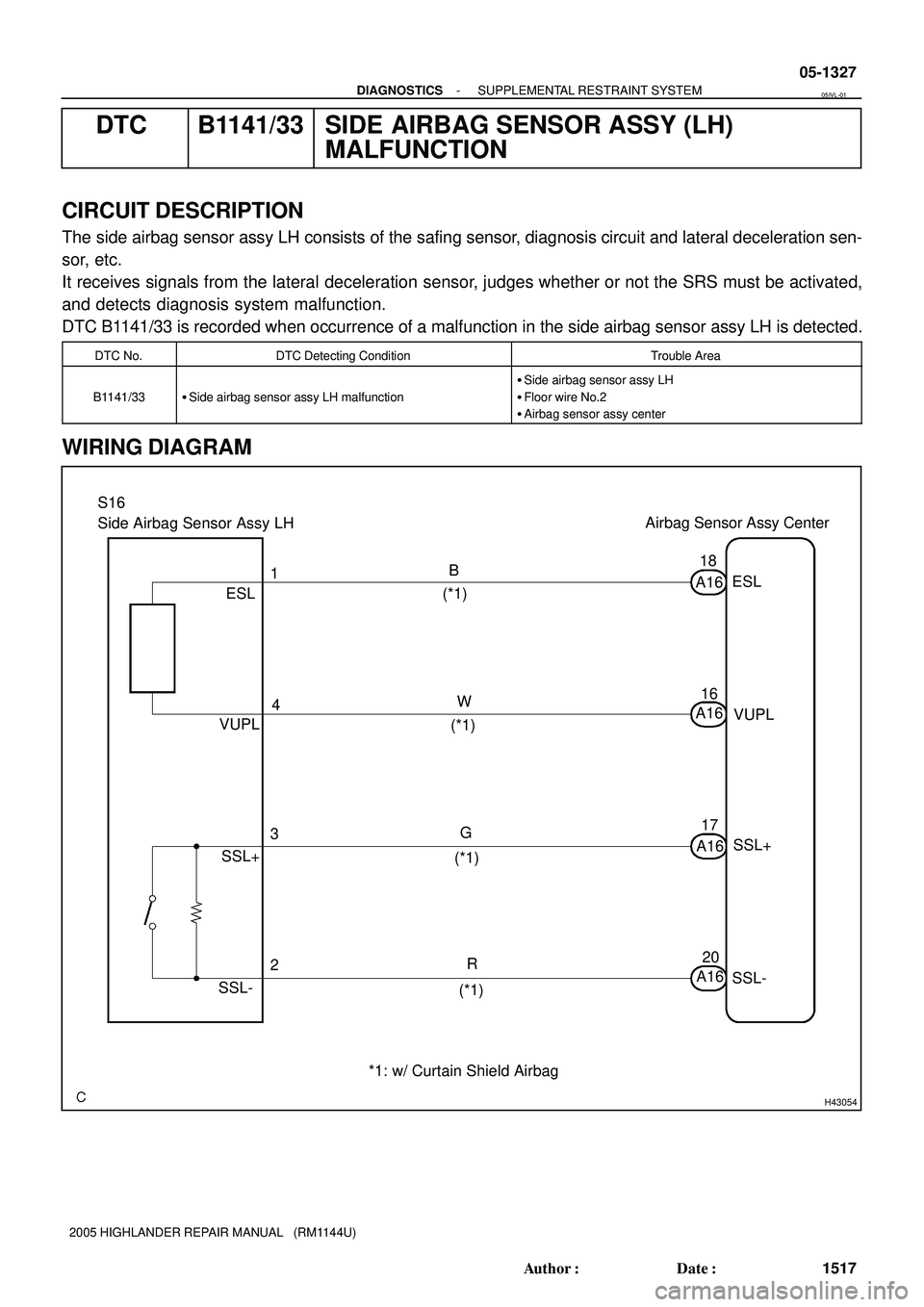 TOYOTA HIGHLANDER 2001  Service Repair Manual H43054
S16
Side Airbag Sensor Assy LHAirbag Sensor Assy Center
W
G
R ESL
VUPL
SSL+
SSL-1
4
3
2A1618
16
17
20 B
ESL
VUPL
SSL+
SSL- A16
A16
A16 (*1)
(*1)
(*1)
(*1)
*1: w/ Curtain Shield Airbag
- DIAGNOS