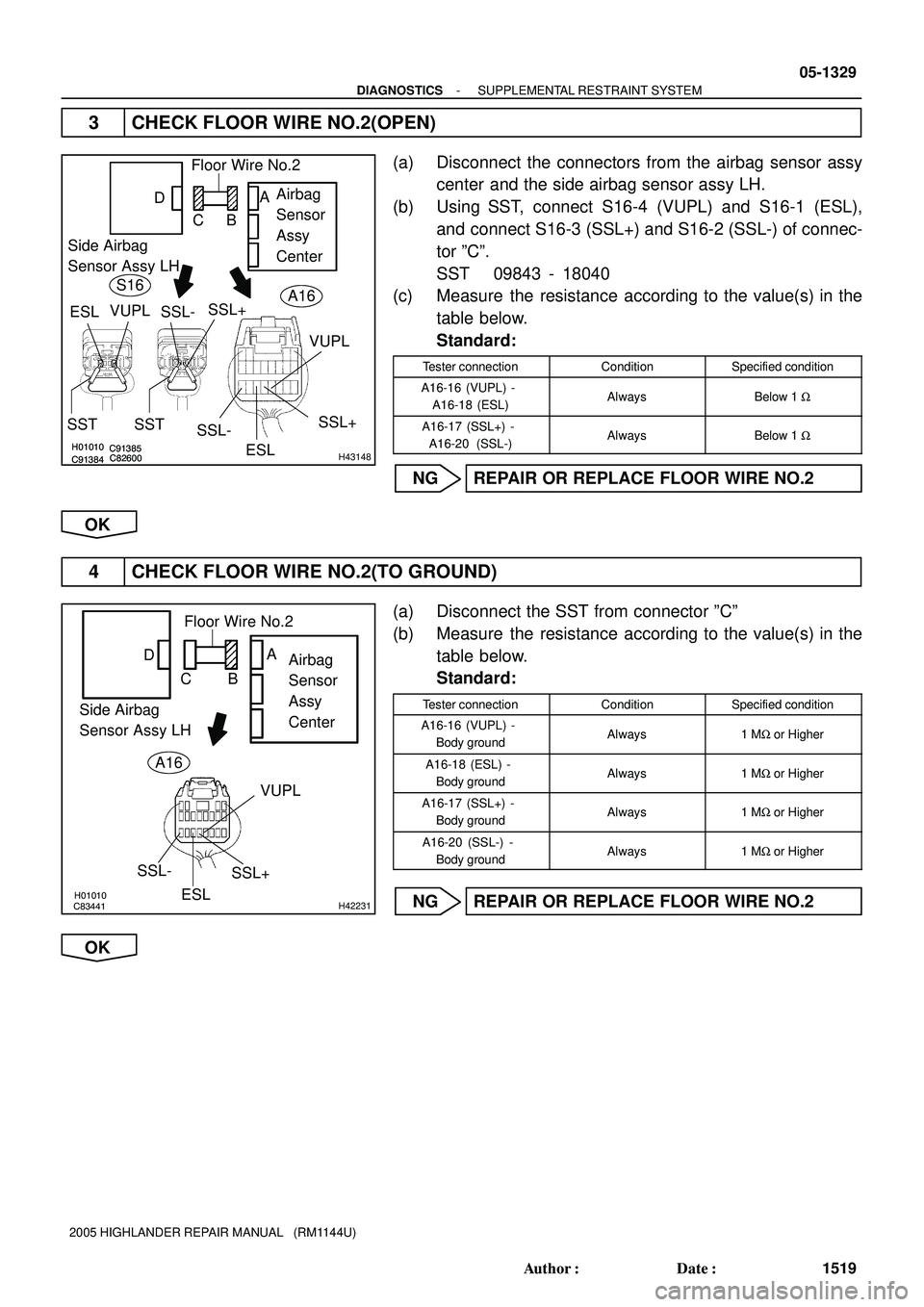 TOYOTA HIGHLANDER 2001  Service Repair Manual C91384C91385H01010C82600C91384C91385H01010C82600H43148
SSL-SSL+
ESLVUPL
Airbag
Sensor
Assy
Center Floor Wire No.2
SST SSTSide Airbag
Sensor Assy LHD
CBA
ESLVUPL
SSL-SSL+
S16A16
H01010
C83441H42231
SSL