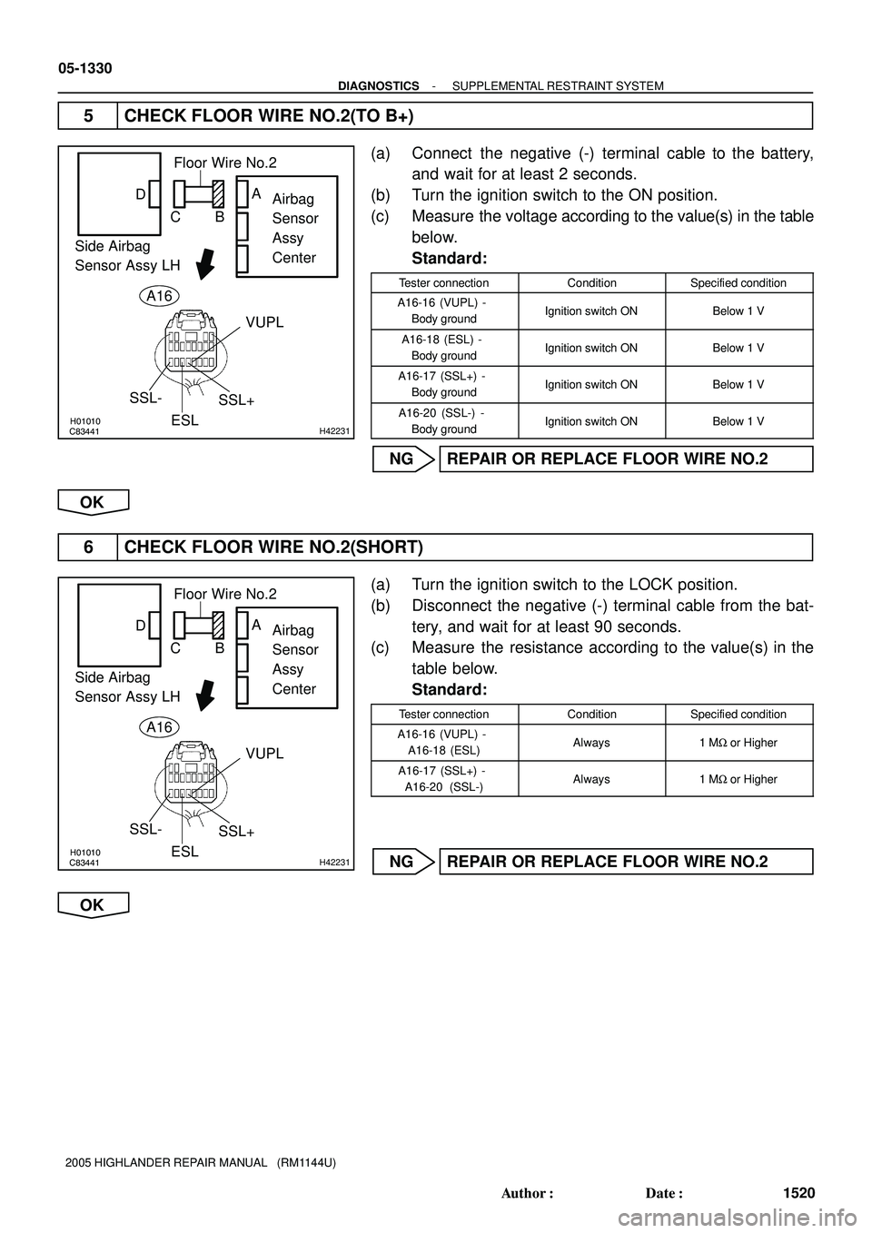 TOYOTA HIGHLANDER 2001  Service Repair Manual H01010
C83441H42231
SSL-
SSL+
ESLVUPL
Airbag
Sensor
Assy
Center Floor Wire No.2
Side Airbag
Sensor Assy LHD
CBA
A16
H01010
C83441H42231
SSL-
SSL+
ESLVUPL
Airbag
Sensor
Assy
Center Floor Wire No.2
Side