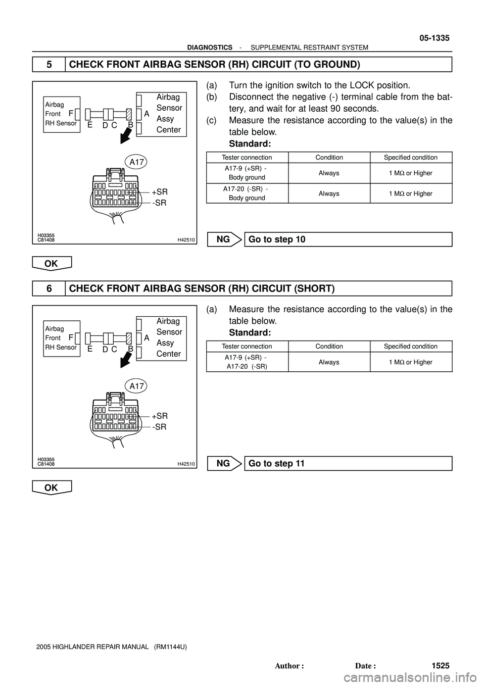 TOYOTA HIGHLANDER 2001  Service Repair Manual H03355C81408H03355C81408H42510
Airbag 
Sensor 
Assy 
CenterAirbag
Front
RH Sensor
+SR
-SR
A
B
C
D E F
A17
H03355C81408H03355C81408H42510
Airbag 
Sensor 
Assy 
CenterAirbag
Front
RH Sensor
+SR
-SR
A
B
