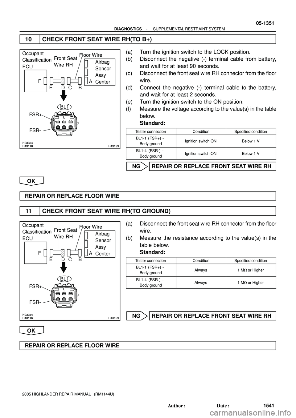 TOYOTA HIGHLANDER 2001  Service Repair Manual H03354H43116H03354H43116H43129
Occupant
Classification
ECUFront Seat
Wire RHFloor Wire
Airbag
Sensor
Assy
Center A
B C D E F
FSR-
FSR+
BL1
H03354H43116H03354H43116H43129
Occupant
Classification
ECUFro