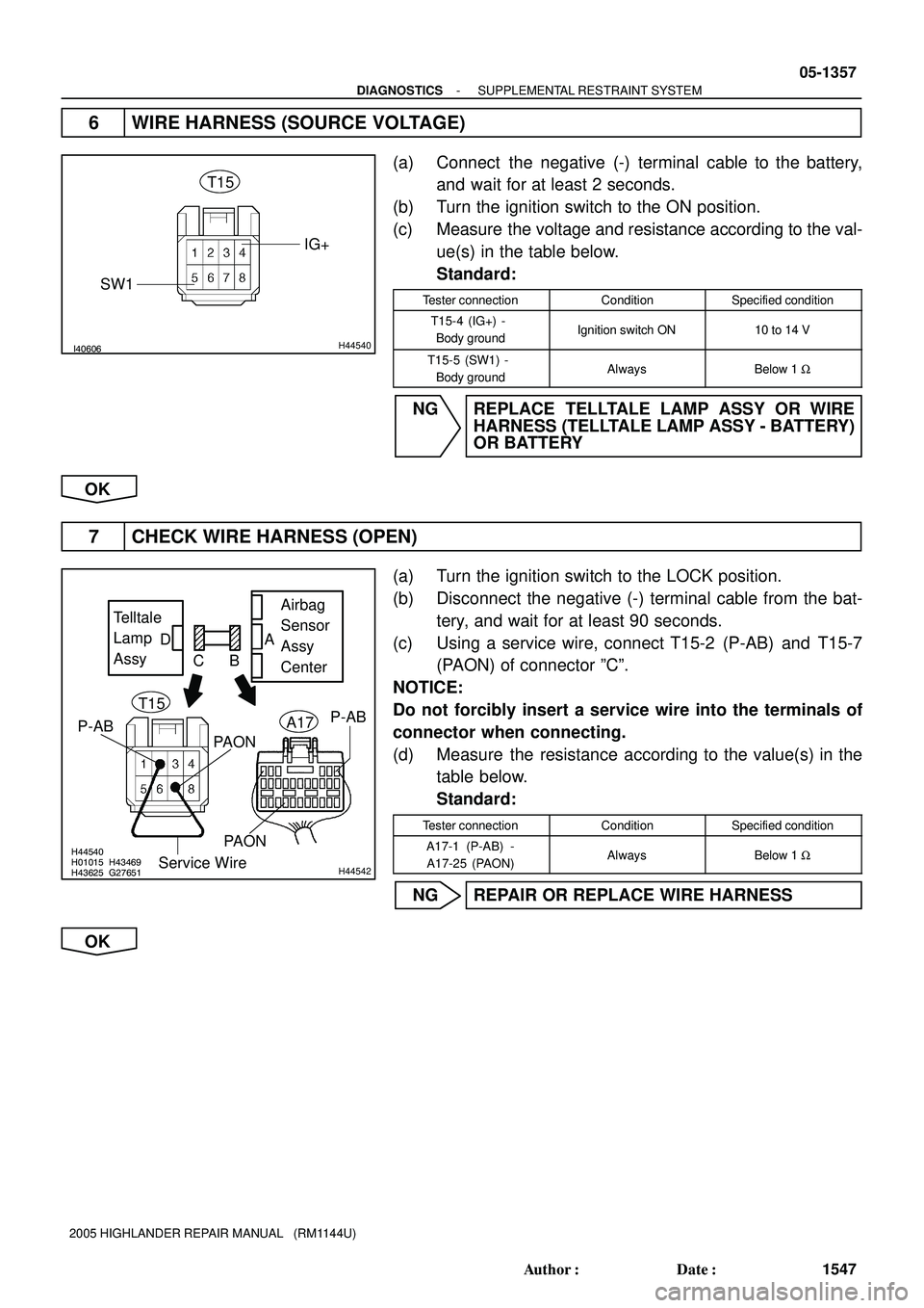 TOYOTA HIGHLANDER 2001  Service Repair Manual I40606H44540
SW1IG+
T15
H01015G27651 H43625H43469H44540
H44542
Telltale
Lamp
AssyAirbag
Sensor
Assy
Center CB
PAON P-ABA17
T15
PAON
Service Wire
DA
P-AB
- DIAGNOSTICSSUPPLEMENTAL RESTRAINT SYSTEM
05-1