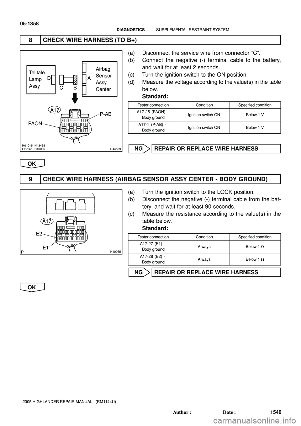 TOYOTA HIGHLANDER 2001  Service Repair Manual H01015G27651H43468H40065H44539
Telltale
Lamp
AssyAirbag
Sensor
Assy
Center CB
PAONP-AB
A17
DA
H40065
A17
E1 E2
05-1358
- DIAGNOSTICSSUPPLEMENTAL RESTRAINT SYSTEM
1548 Author: Date:
2005 HIGHLANDER R