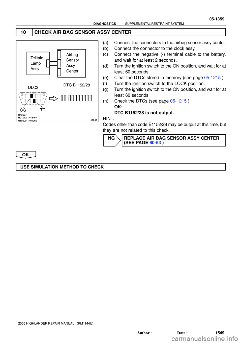 TOYOTA HIGHLANDER 2001  Service Repair Manual H10600H01012H01069H43467H43087
H44541
Telltale
Lamp
AssyAirbag
Sensor
Assy
Center
CGTC DLC3
DTC B1152/28
- DIAGNOSTICSSUPPLEMENTAL RESTRAINT SYSTEM
05-1359
1549 Author: Date:
2005 HIGHLANDER REPAIR 