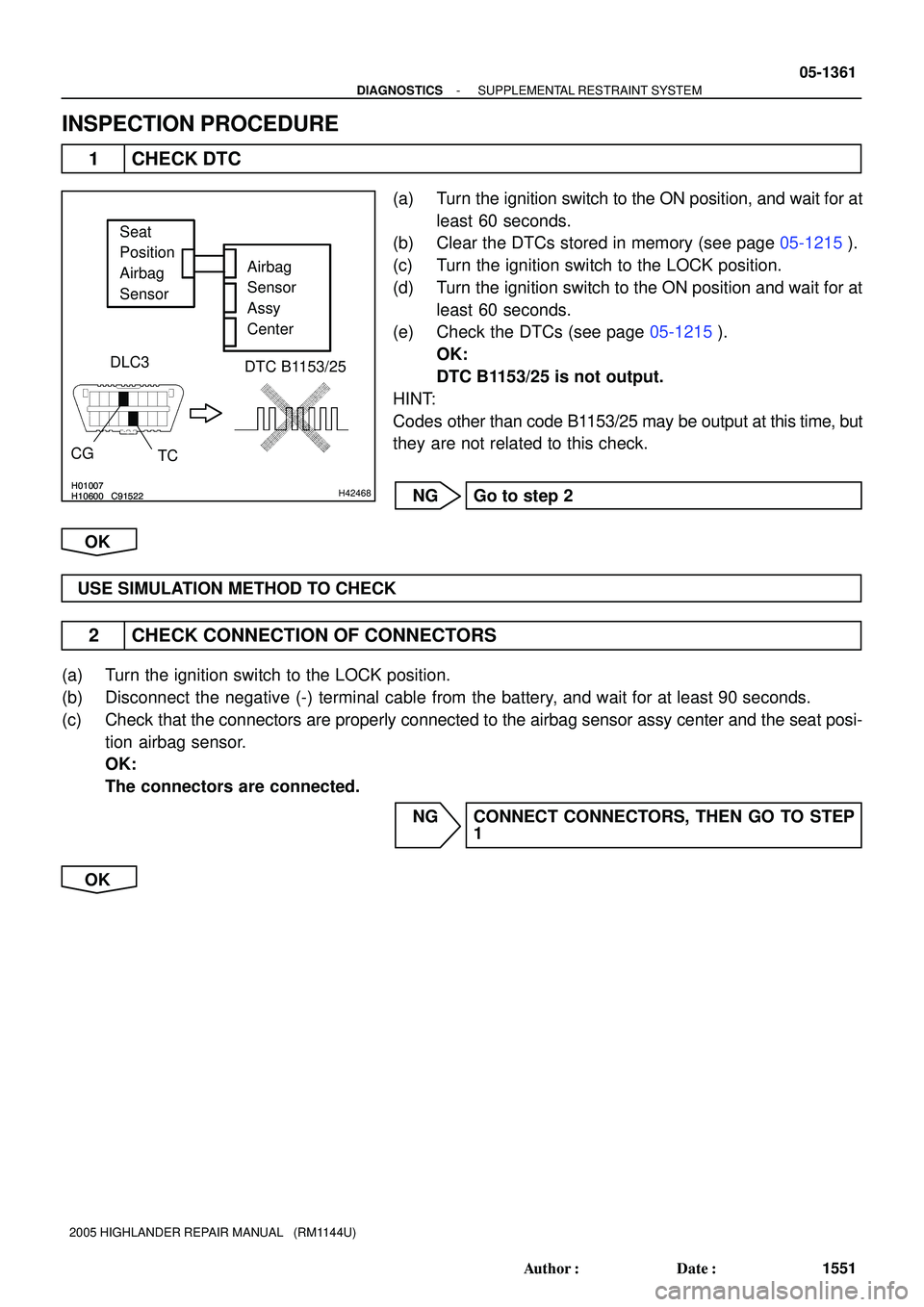 TOYOTA HIGHLANDER 2001  Service Repair Manual H10600 C91522H01007H10600 C91522H01007H42468
Airbag 
Sensor 
Assy 
Center Seat 
Position 
Airbag 
Sensor
DTC B1153/25 DLC3
CG
TC
- DIAGNOSTICSSUPPLEMENTAL RESTRAINT SYSTEM
05-1361
1551 Author: Date: