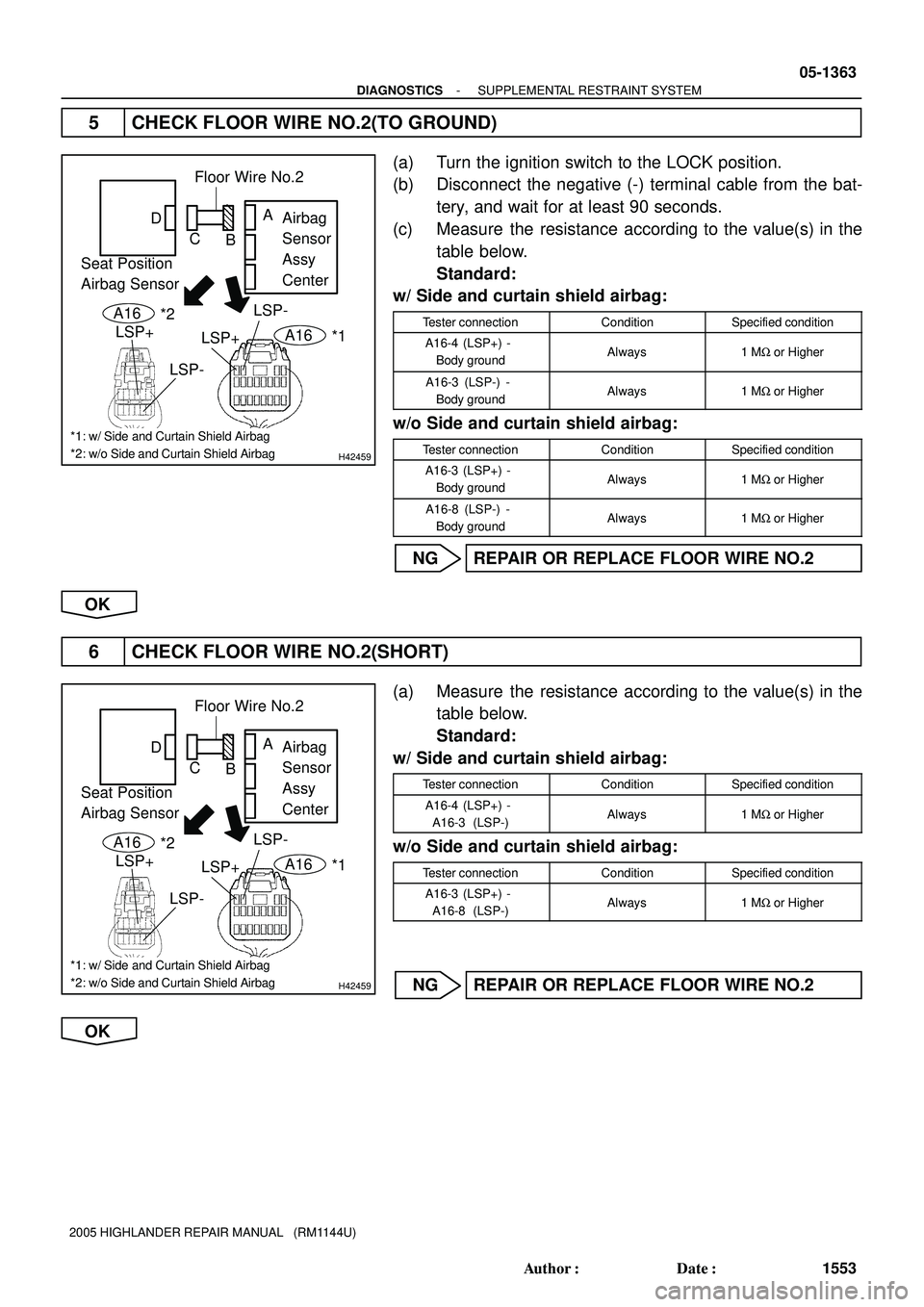TOYOTA HIGHLANDER 2001  Service Repair Manual H42459
Airbag 
Sensor 
Assy 
Center
LSP+LSP- Floor Wire No.2
Seat Position 
Airbag SensorA
B C D
A16
LSP+
LSP- *2A16*1
*1: w/ Side and Curtain Shield Airbag
*2: w/o Side and Curtain Shield Airbag
H424