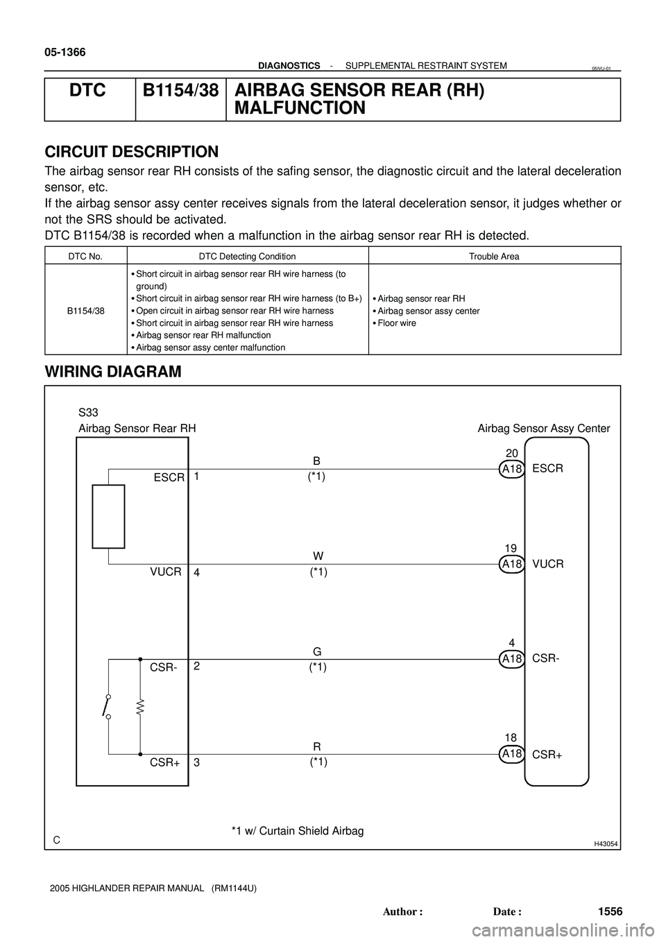 TOYOTA HIGHLANDER 2001  Service Repair Manual H43054
Airbag Sensor Rear RH Airbag Sensor Assy Center
R G W B
ESCR
CSR-
CSR+ VUCR
4
3 2 1
A184
18 1920
ESCR
CSR-
CSR+ VUCR
A18 A18 A18 S33
(*1)
(*1)
(*1)
(*1)
*1 w/ Curtain Shield Airbag 05-1366
- DI