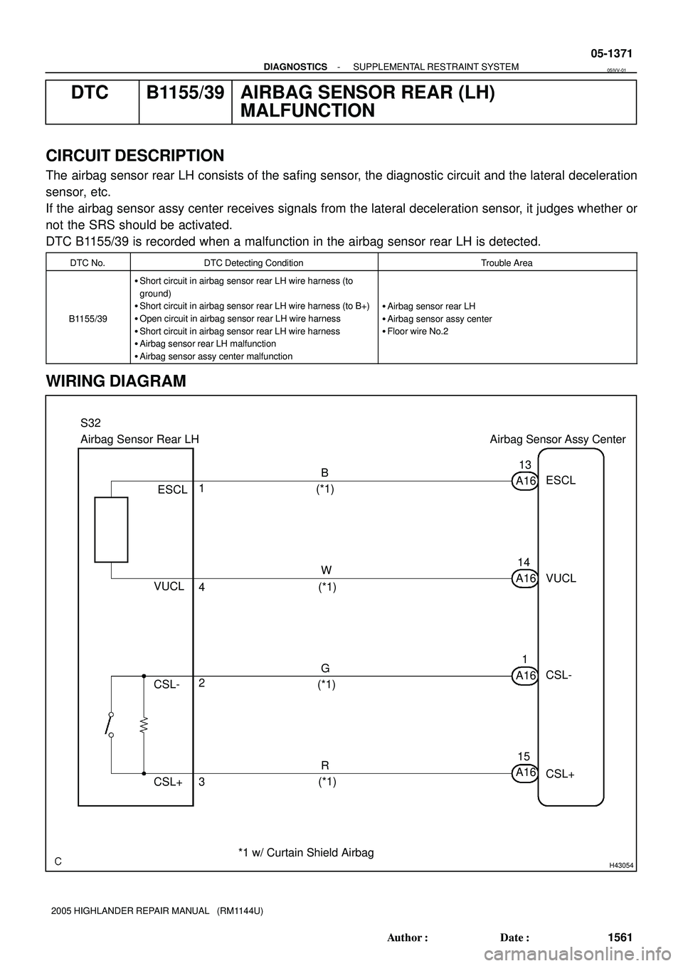 TOYOTA HIGHLANDER 2001  Service Repair Manual H43054
Airbag Sensor Rear LH Airbag Sensor Assy Center
R G W B
ESCL
CSL-
CSL+ VUCL
4
3 2 1
A161
15 1413
ESCL
CSL-
CSL+ VUCL
A16 A16 A16 S32
(*1)
(*1)
(*1)
(*1)
*1 w/ Curtain Shield Airbag
- DIAGNOSTIC