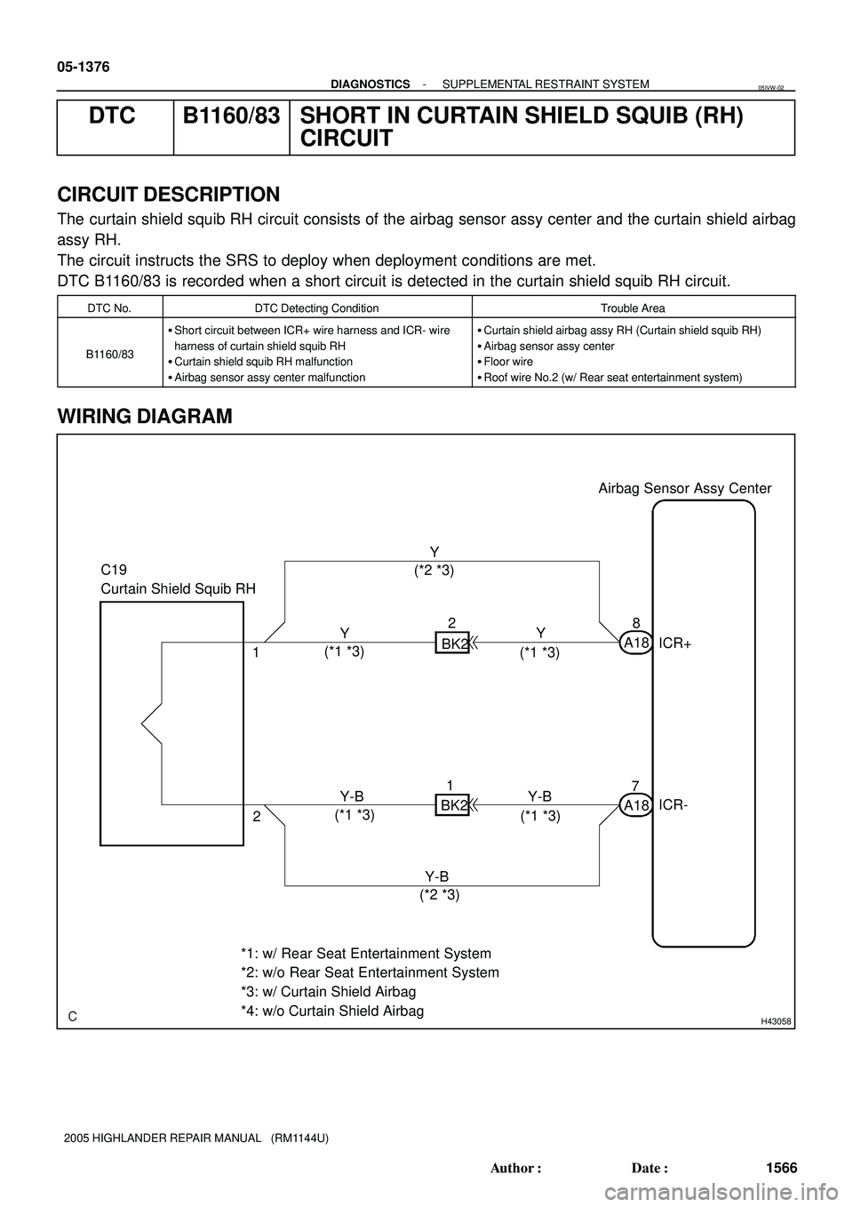 TOYOTA HIGHLANDER 2001  Service Repair Manual H43058
Airbag Sensor Assy Center
C19
Curtain Shield Squib RH
8
A18
ICR+
7
A18ICR- 1
22
Y
(*1 *3)Y
1
BK2 Y-B Y-B(*1 *3)
(*1 *3) (*1 *3)BK2
*1: w/ Rear Seat Entertainment System 
*2: w/o Rear Seat Enter