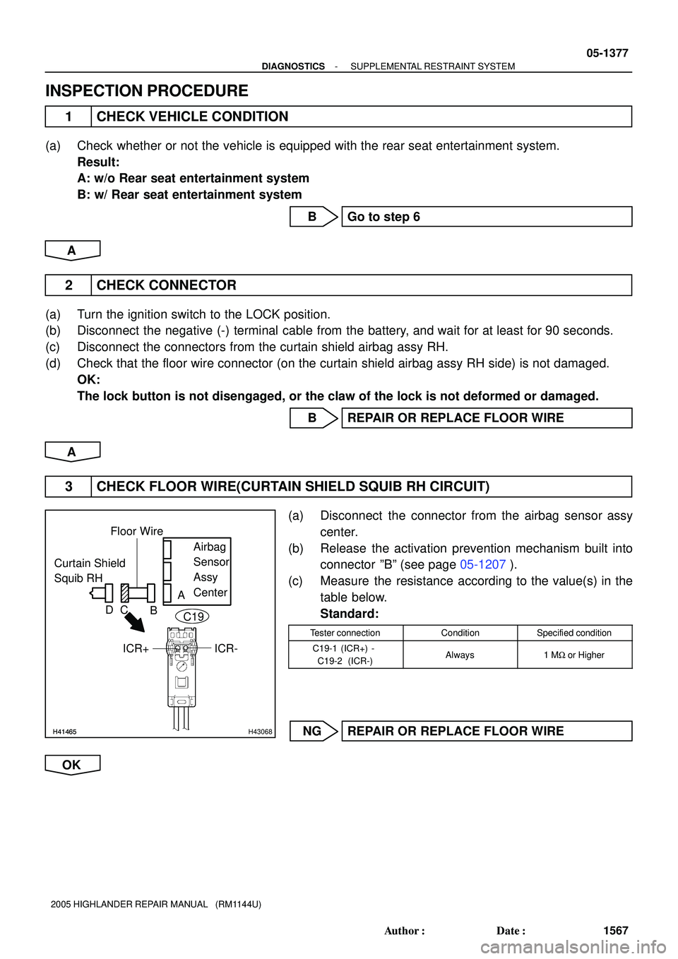 TOYOTA HIGHLANDER 2001  Service Repair Manual H41465H41465H43068
Curtain Shield 
Squib RHAirbag 
Sensor 
Assy
Center Floor Wire
A
B C D
ICR+ ICR-C19
- DIAGNOSTICSSUPPLEMENTAL RESTRAINT SYSTEM
05-1377
1567 Author: Date:
2005 HIGHLANDER REPAIR MA