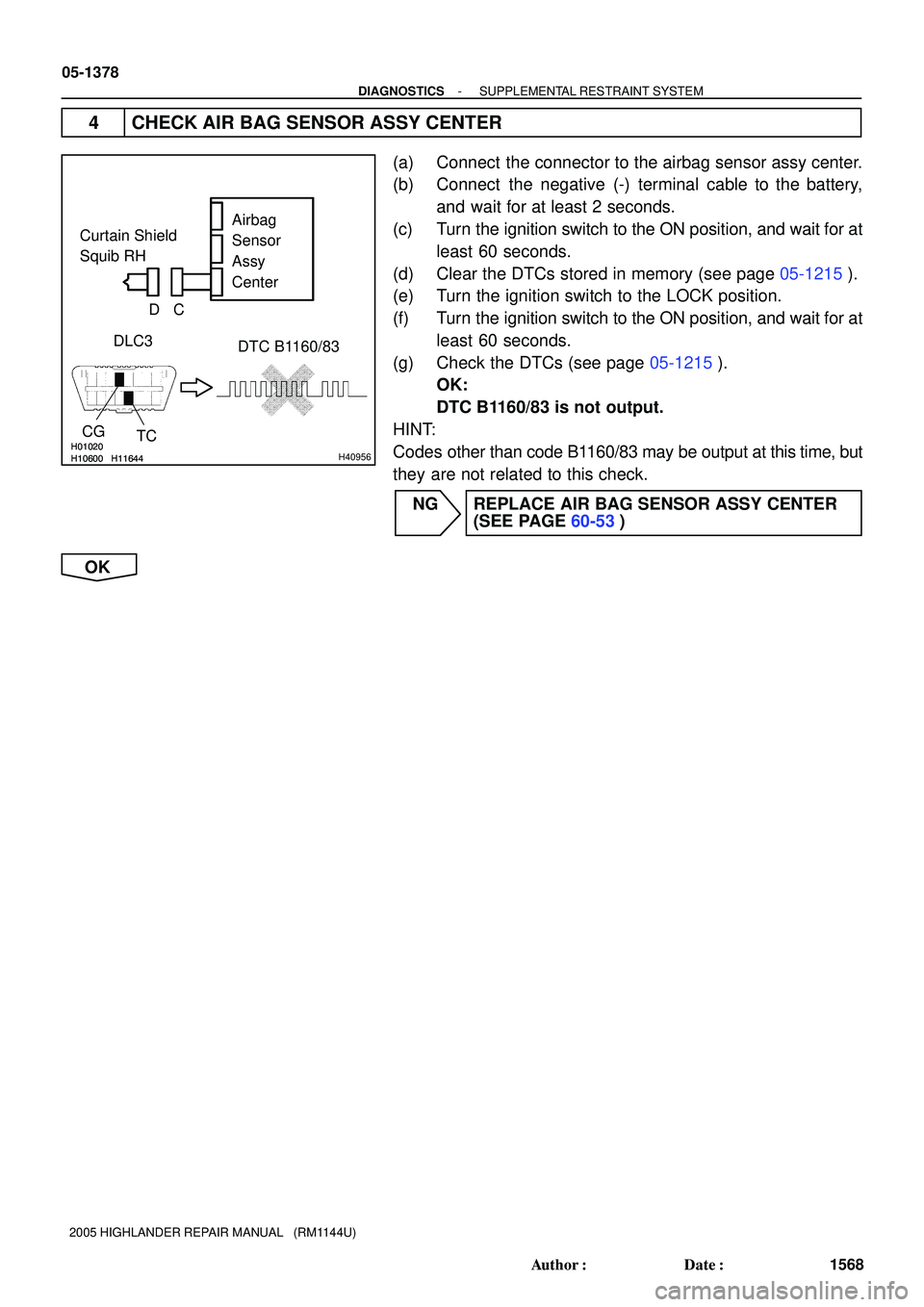 TOYOTA HIGHLANDER 2001  Service Repair Manual H01020
H10600 H11644H01020
H10600 H11644H40956
Curtain Shield 
Squib RH
DLC3
TC CG
DTC B1160/83 Airbag
Sensor
Assy 
Center
DC
05-1378
- DIAGNOSTICSSUPPLEMENTAL RESTRAINT SYSTEM
1568 Author: Date:
20