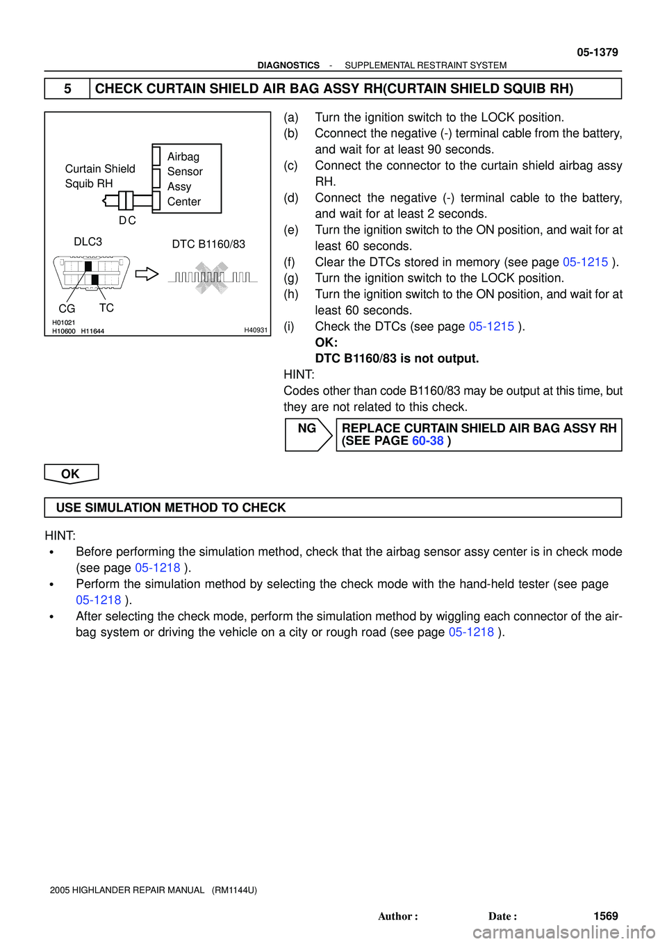 TOYOTA HIGHLANDER 2001  Service Repair Manual H01021
H10600 H11644H01021
H10600 H11644H40931
Airbag
Sensor
Assy
Center Curtain Shield 
Squib RH
DLC3
TC
CG
DTC B1160/83 DC
- DIAGNOSTICSSUPPLEMENTAL RESTRAINT SYSTEM
05-1379
1569 Author: Date:
200