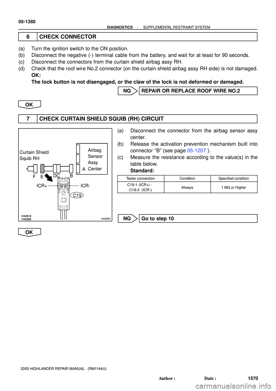 TOYOTA HIGHLANDER 2001  Service Repair Manual H42818H43068H42818H43068H43091
Curtain Shield 
Squib RHAirbag 
Sensor 
Assy
Center
A
B
FE
ICR+
ICR- DC
C19
05-1380
- DIAGNOSTICSSUPPLEMENTAL RESTRAINT SYSTEM
1570 Author: Date:
2005 HIGHLANDER REPAI