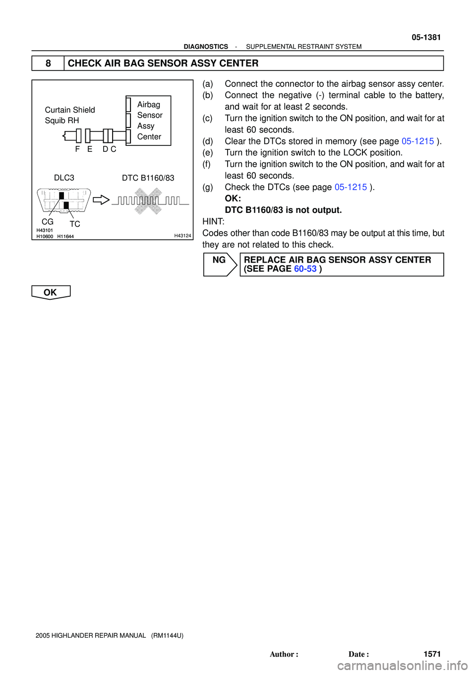 TOYOTA HIGHLANDER 2001  Service Repair Manual H10600 H11644H43101H10600 H11644H43101H43124
Curtain Shield 
Squib RHAirbag 
Sensor 
Assy
Center
FE
DLC3
TC CG
DTC B1160/83 DC
- DIAGNOSTICSSUPPLEMENTAL RESTRAINT SYSTEM
05-1381
1571 Author: Date:
2