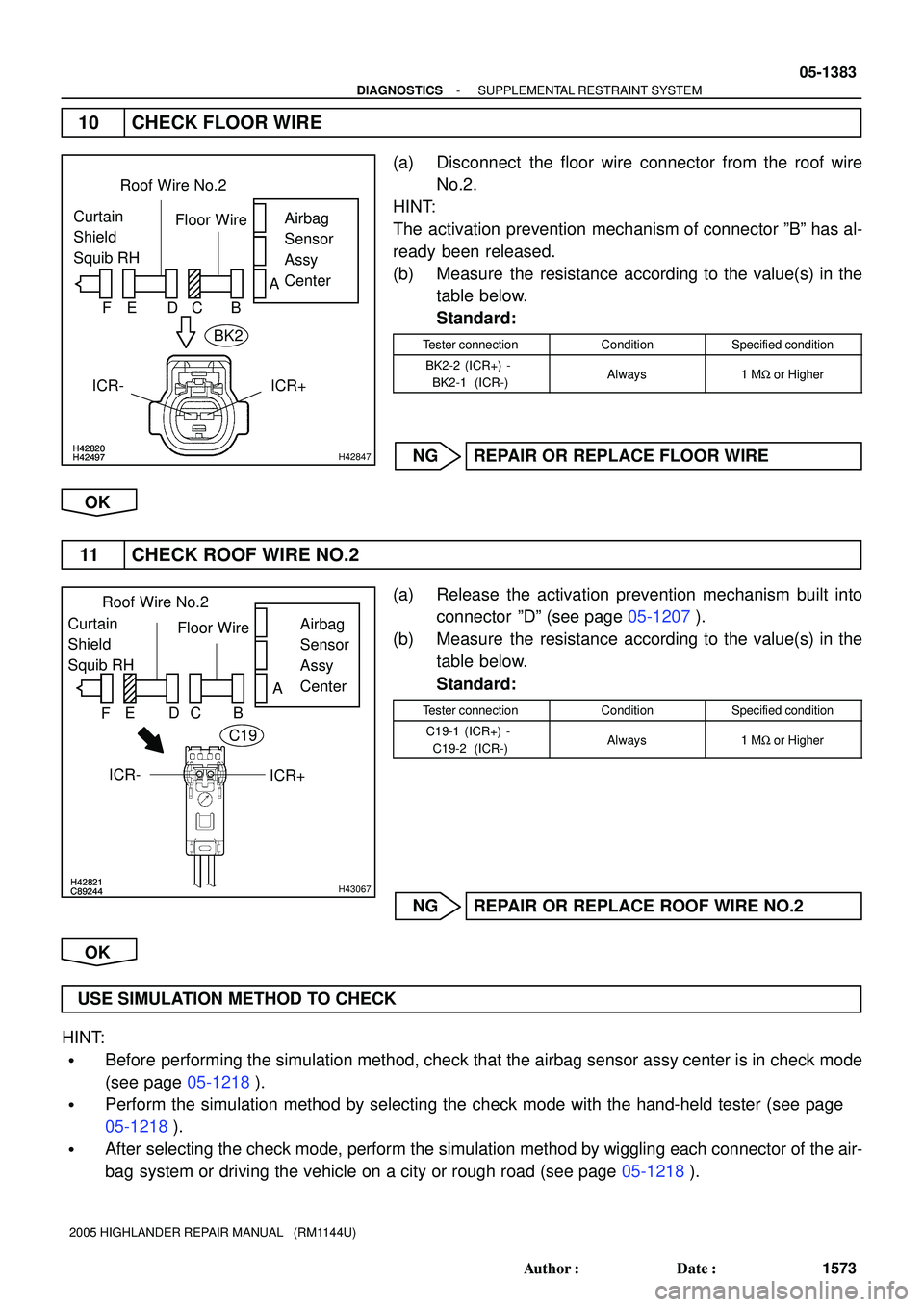 TOYOTA HIGHLANDER 2001  Service Repair Manual H42820H42497H42820H42497H42847
Curtain
Shield
Squib RHAirbag 
Sensor 
Assy
Center Floor Wire
A
B DC
ICR+ ICR-FERoof Wire No.2
BK2
H42821C89244H42821C89244H43067
Roof Wire No.2
Airbag 
Sensor 
Assy
Cen