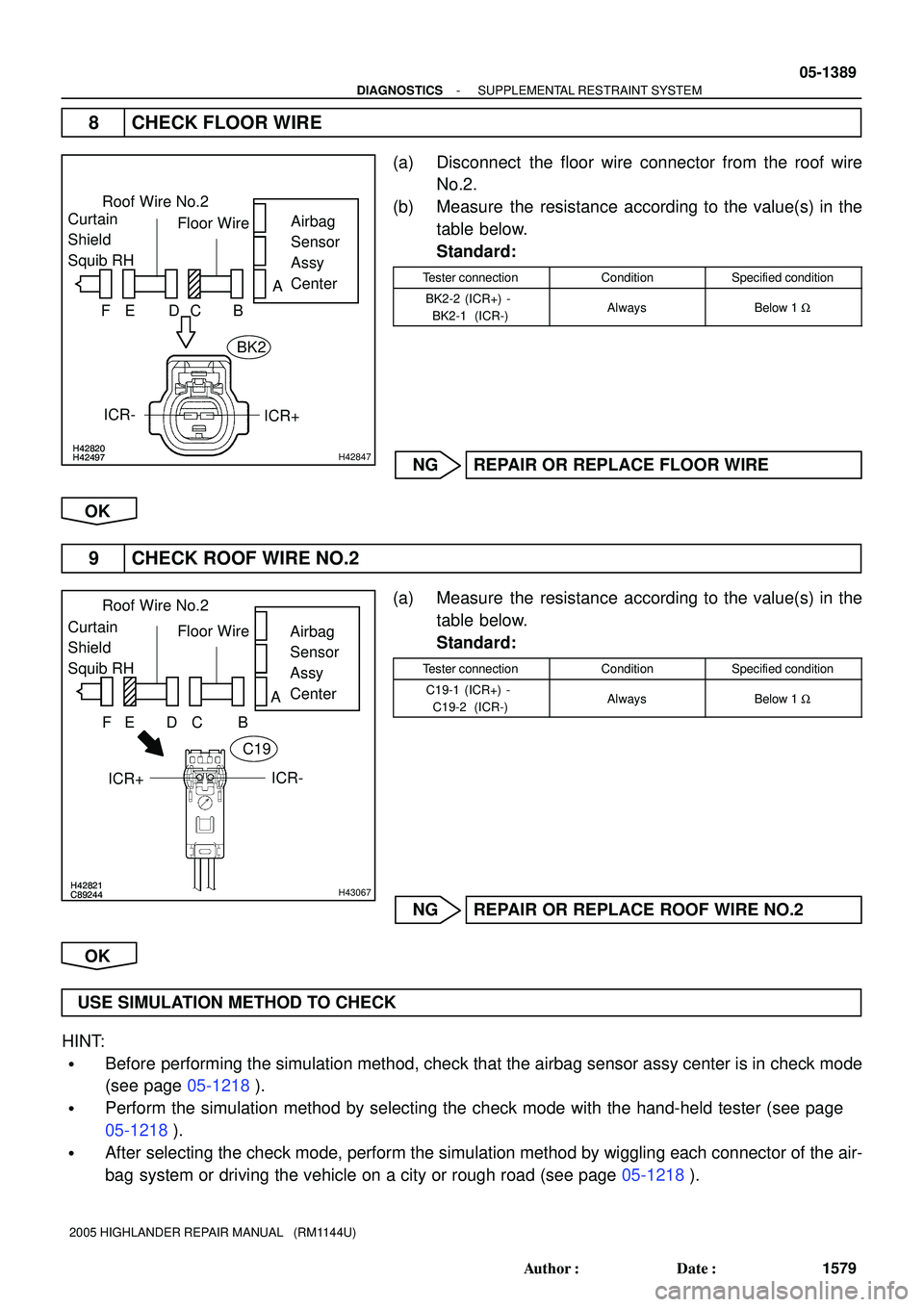 TOYOTA HIGHLANDER 2001  Service Repair Manual H42820H42497H42820H42497H42847
Roof Wire No.2
Airbag 
Sensor 
Assy
Center Floor Wire
A
B DC E F
ICR+ ICR-
Curtain
Shield
Squib RH
BK2
H42821C89244H42821C89244H43067
Roof Wire No.2
Airbag 
Sensor 
Assy