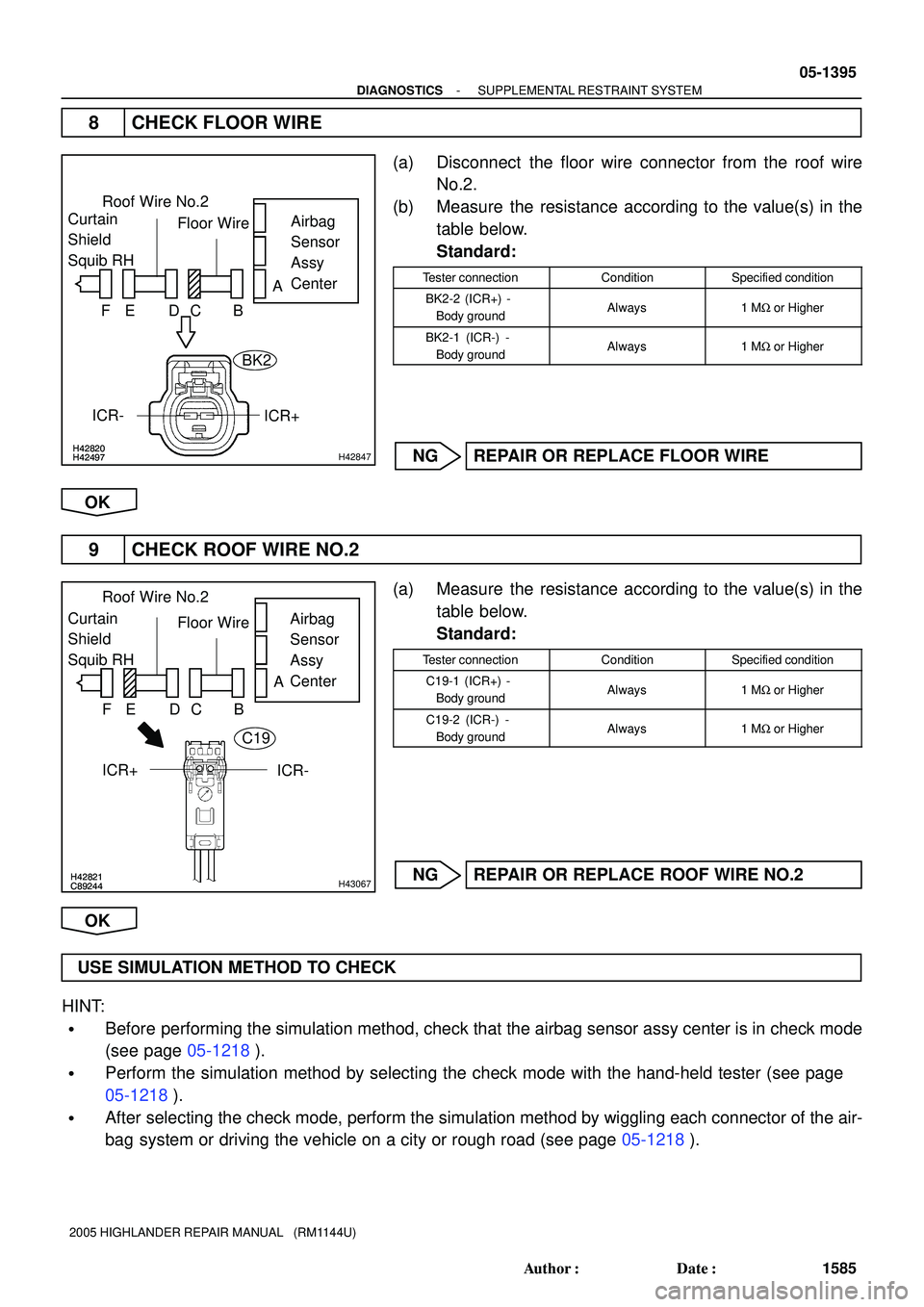 TOYOTA HIGHLANDER 2001  Service Repair Manual H42820H42497H42820H42497H42847
Roof Wire No.2
Airbag 
Sensor 
Assy
Center Floor Wire
A
B DC E F
ICR+
Curtain
Shield
Squib RH
ICR-
BK2
H42821C89244H42821C89244H43067
Roof Wire No.2
Airbag 
Sensor 
Assy