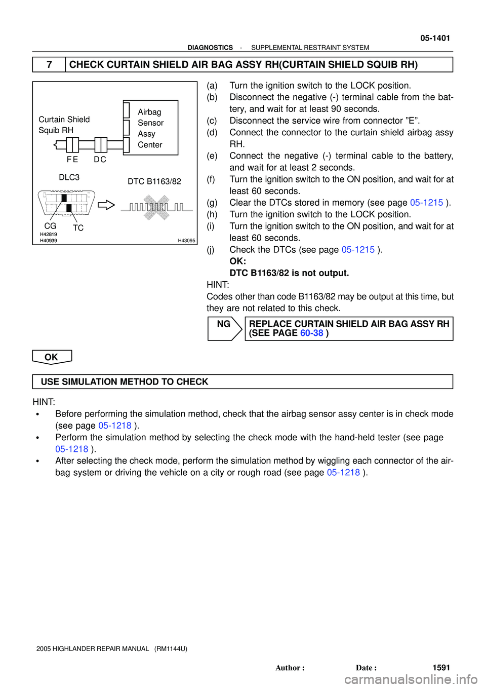 TOYOTA HIGHLANDER 2001  Service Repair Manual H40939H42819H40939H42819H43095
DLC3
TC CGDTC B1163/82 Curtain Shield 
Squib RHAirbag
Sensor
Assy 
Center
FDCE
- DIAGNOSTICSSUPPLEMENTAL RESTRAINT SYSTEM
05-1401
1591 Author: Date:
2005 HIGHLANDER RE