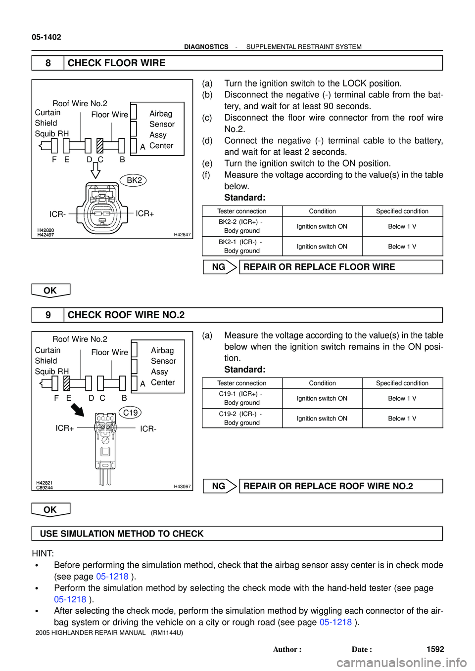 TOYOTA HIGHLANDER 2001  Service Repair Manual H42820H42497H42820H42497H42847
Roof Wire No.2
Airbag 
Sensor 
Assy
Center Floor Wire
A
B DC E F
ICR+
Curtain
Shield
Squib RH
ICR-
BK2
H42821C89244H42821C89244H43067
Roof Wire No.2
Airbag 
Sensor 
Assy