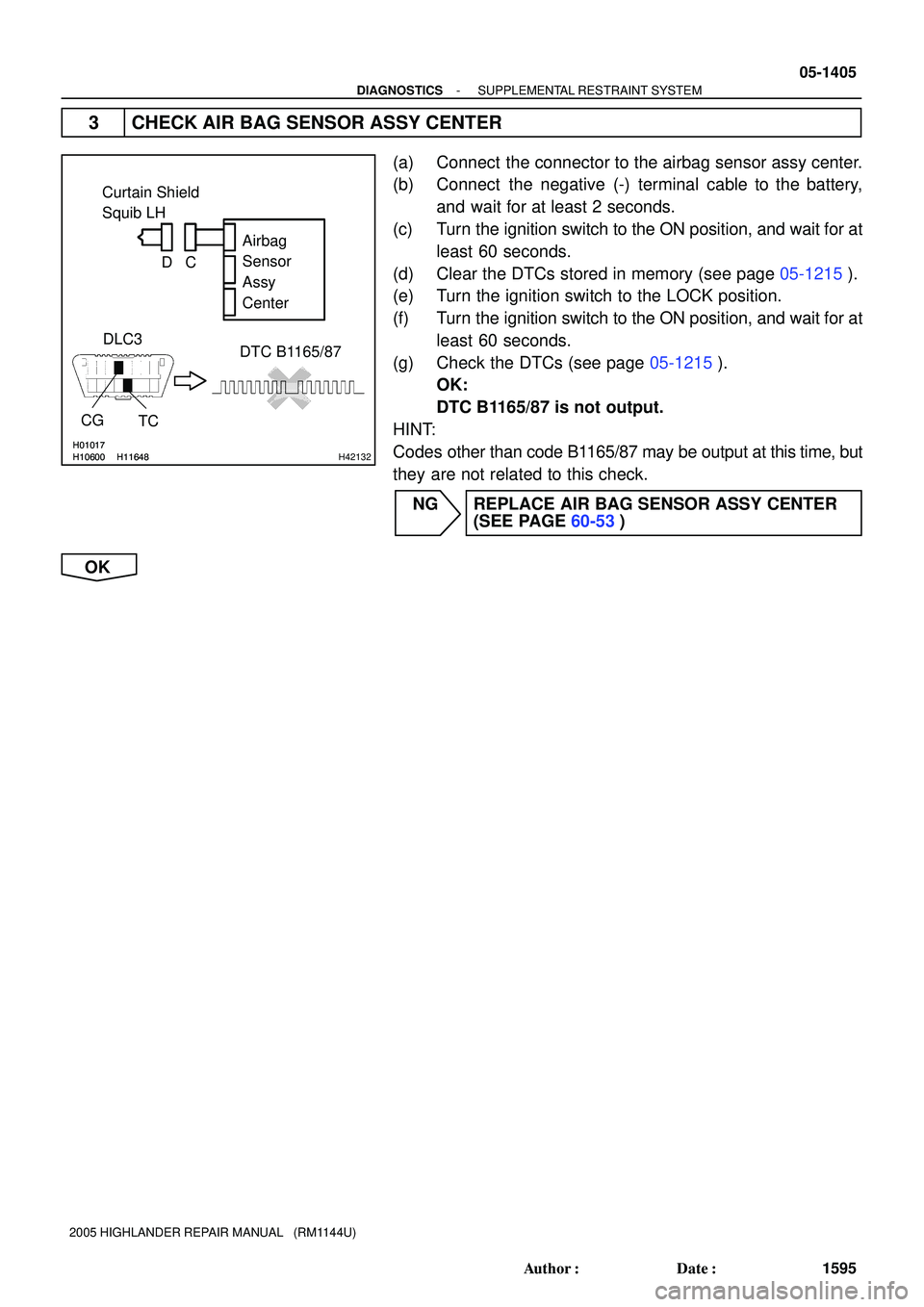 TOYOTA HIGHLANDER 2001  Service Repair Manual H01017H10600H11648H01017H10600H11648H42132
Curtain Shield 
Squib LH
Airbag 
Sensor 
Assy 
Center
DLC3
CG
TCDTC B1165/87
C D
- DIAGNOSTICSSUPPLEMENTAL RESTRAINT SYSTEM
05-1405
1595 Author: Date:
2005