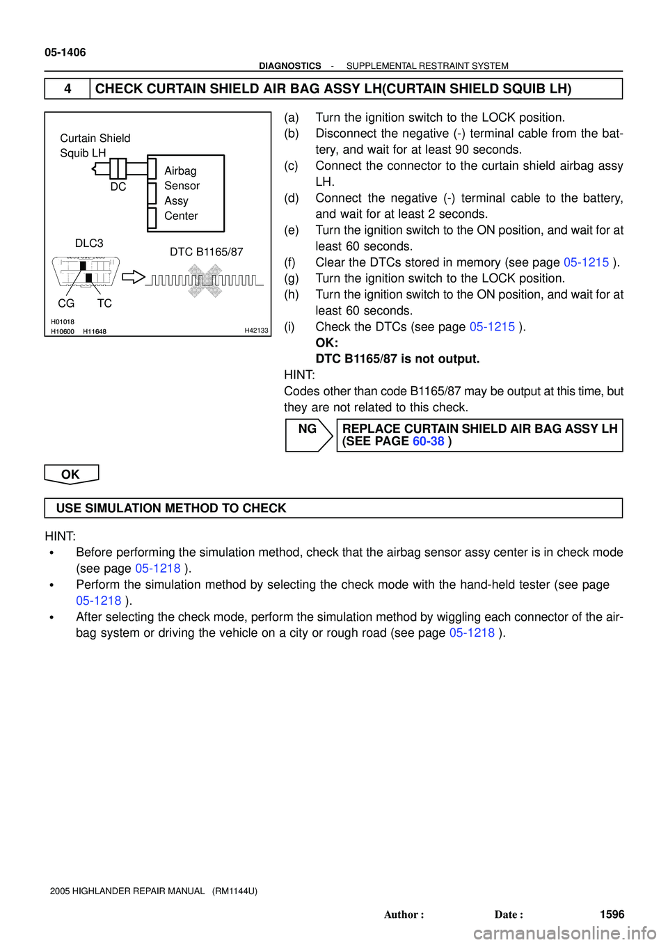 TOYOTA HIGHLANDER 2001  Service Repair Manual H01018H10600H11648H01018H10600H11648H42133
Curtain Shield 
Squib LH
Airbag 
Sensor 
Assy 
Center
DLC3
CG TCDTC B1165/87
C D
05-1406
- DIAGNOSTICSSUPPLEMENTAL RESTRAINT SYSTEM
1596 Author: Date:
2005