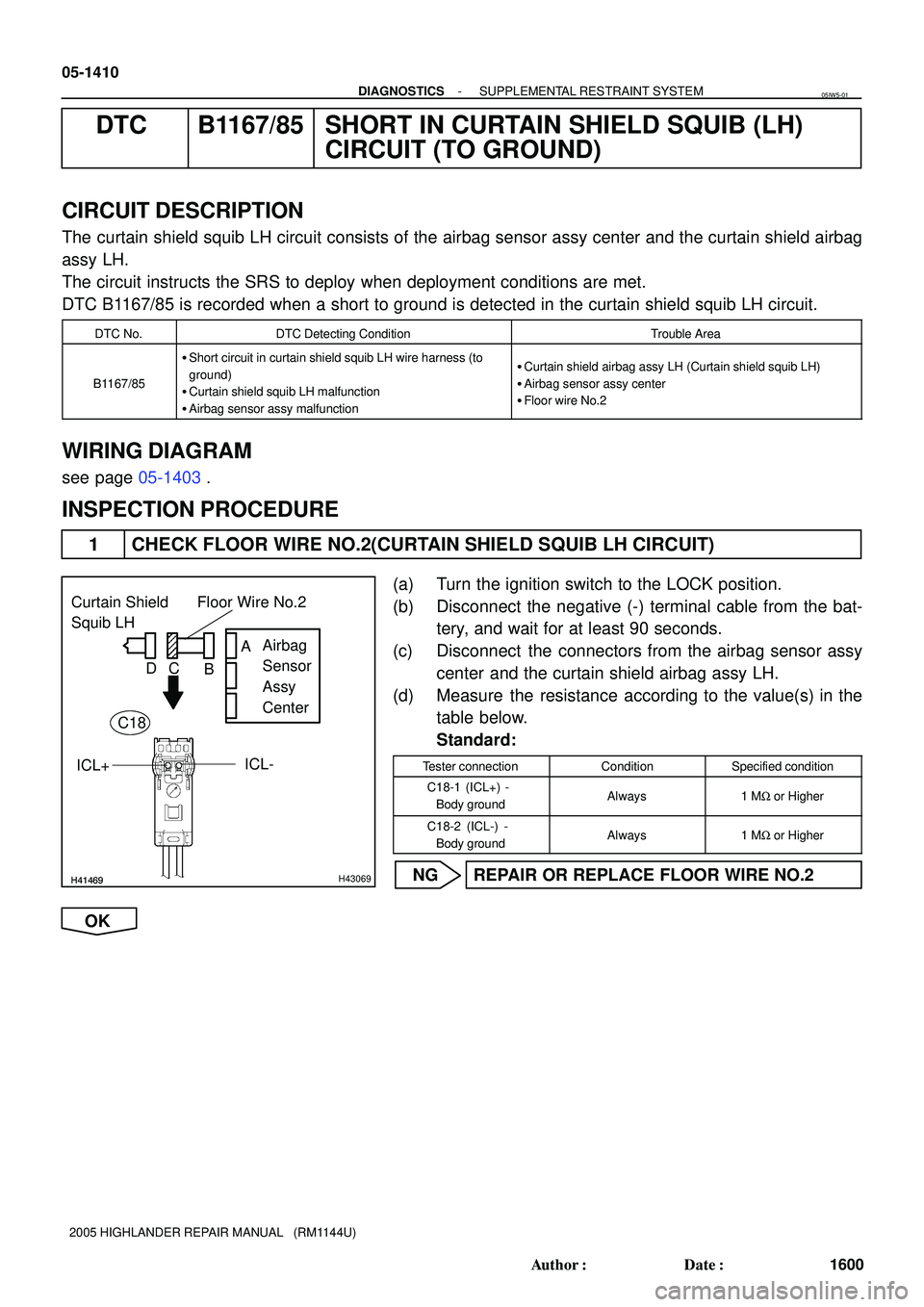 TOYOTA HIGHLANDER 2001  Service Repair Manual H41469H41469H43069
Curtain Shield 
Squib LH
Airbag 
Sensor 
Assy 
Center Floor Wire No.2
A
B C D
ICL+
ICL-
C18
05-1410
- DIAGNOSTICSSUPPLEMENTAL RESTRAINT SYSTEM
1600 Author: Date:
2005 HIGHLANDER R