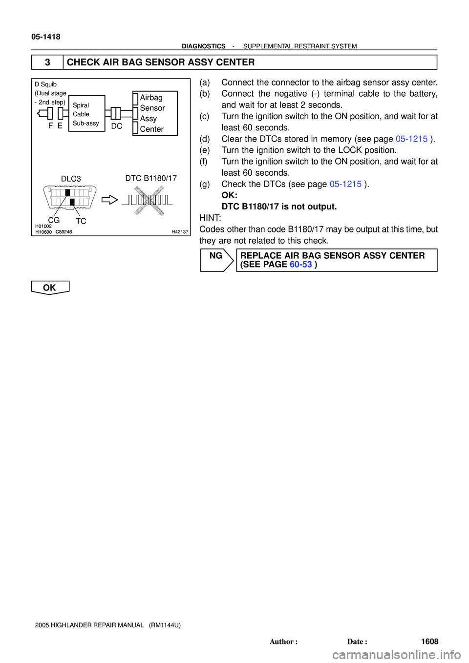 TOYOTA HIGHLANDER 2001  Service Repair Manual H01002H10600C89246H01002H10600C89246H42137
Airbag
Sensor
Assy
CenterSpiral
Cable
Sub-assy
DLC3
CG
TCDTC B1180/17
FE
DC
D Squib
(Dual stage
- 2nd step)
05-1418
- DIAGNOSTICSSUPPLEMENTAL RESTRAINT SYSTE
