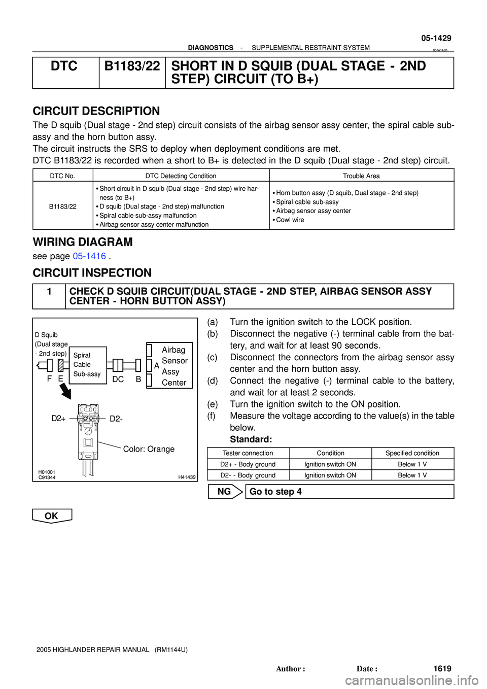 TOYOTA HIGHLANDER 2001  Service Repair Manual H01001
C91344H41439
Airbag
Sensor
Assy
CenterSpiral
Cable
Sub-assy
Color: Orange
D Squib
(Dual stage
- 2nd step)
FE
DC BA
   D2+D2-
- DIAGNOSTICSSUPPLEMENTAL RESTRAINT SYSTEM
05-1429
1619 Author: Dat
