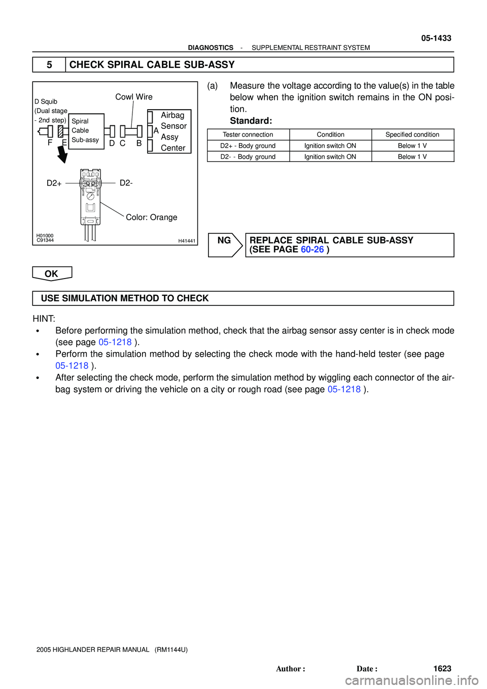 TOYOTA HIGHLANDER 2001  Service Repair Manual H01000
C91344H41441
Airbag
Sensor
Assy
CenterSpiral
Cable
Sub-assy
Color: Orange
D Squib
(Dual stage
- 2nd step)
A
FE
DC B
D2+D2-
Cowl Wire
- DIAGNOSTICSSUPPLEMENTAL RESTRAINT SYSTEM
05-1433
1623 Auth