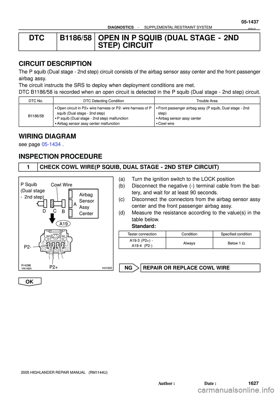 TOYOTA HIGHLANDER 2001  Service Repair Manual R14286H41424H41932
P Squib 
(Dual stage
-  2nd step)Airbag 
Sensor 
Assy
Center
P2+ P2-Cowl Wire
A
B C
D
A19
- DIAGNOSTICSSUPPLEMENTAL RESTRAINT SYSTEM
05-1437
1627 Author: Date:
2005 HIGHLANDER REP