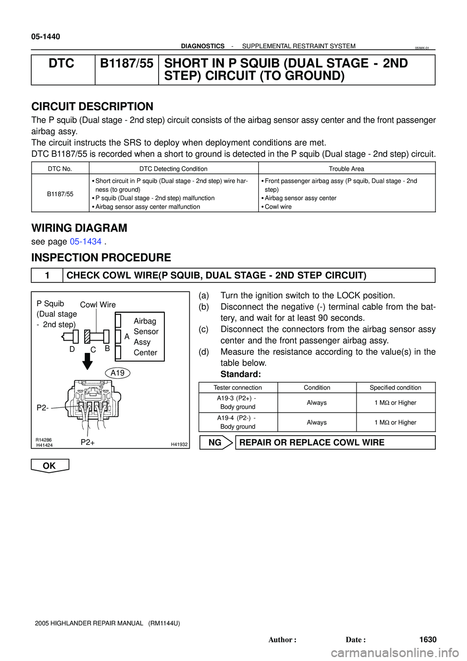 TOYOTA HIGHLANDER 2001  Service Repair Manual R14286H41424H41932
P Squib 
(Dual stage
-  2nd step)Airbag 
Sensor 
Assy
Center
P2+ Cowl Wire
A
B
C D
P2-
A19
05-1440
- DIAGNOSTICSSUPPLEMENTAL RESTRAINT SYSTEM
1630 Author: Date:
2005 HIGHLANDER RE