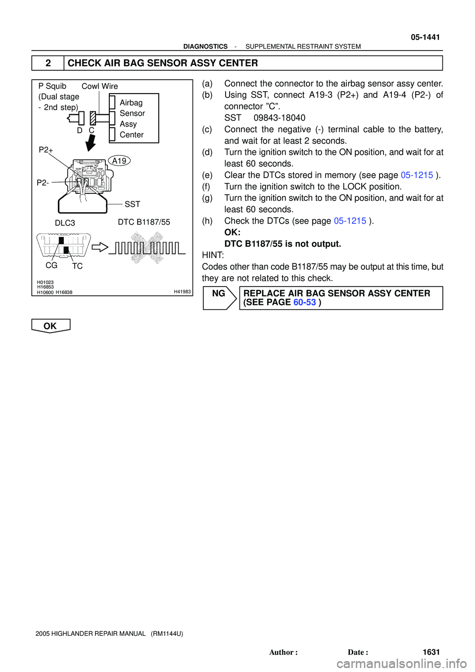 TOYOTA HIGHLANDER 2001  Service Repair Manual H01023
H10600H16838H16853H41983
Airbag
Sensor
Assy
Center
P2+
P2-
DLC3DTC B1187/55
TC CG
P Squib
(Dual stage
- 2nd step)Cowl Wire
C
D
A19
SST
- DIAGNOSTICSSUPPLEMENTAL RESTRAINT SYSTEM
05-1441
1631 Au