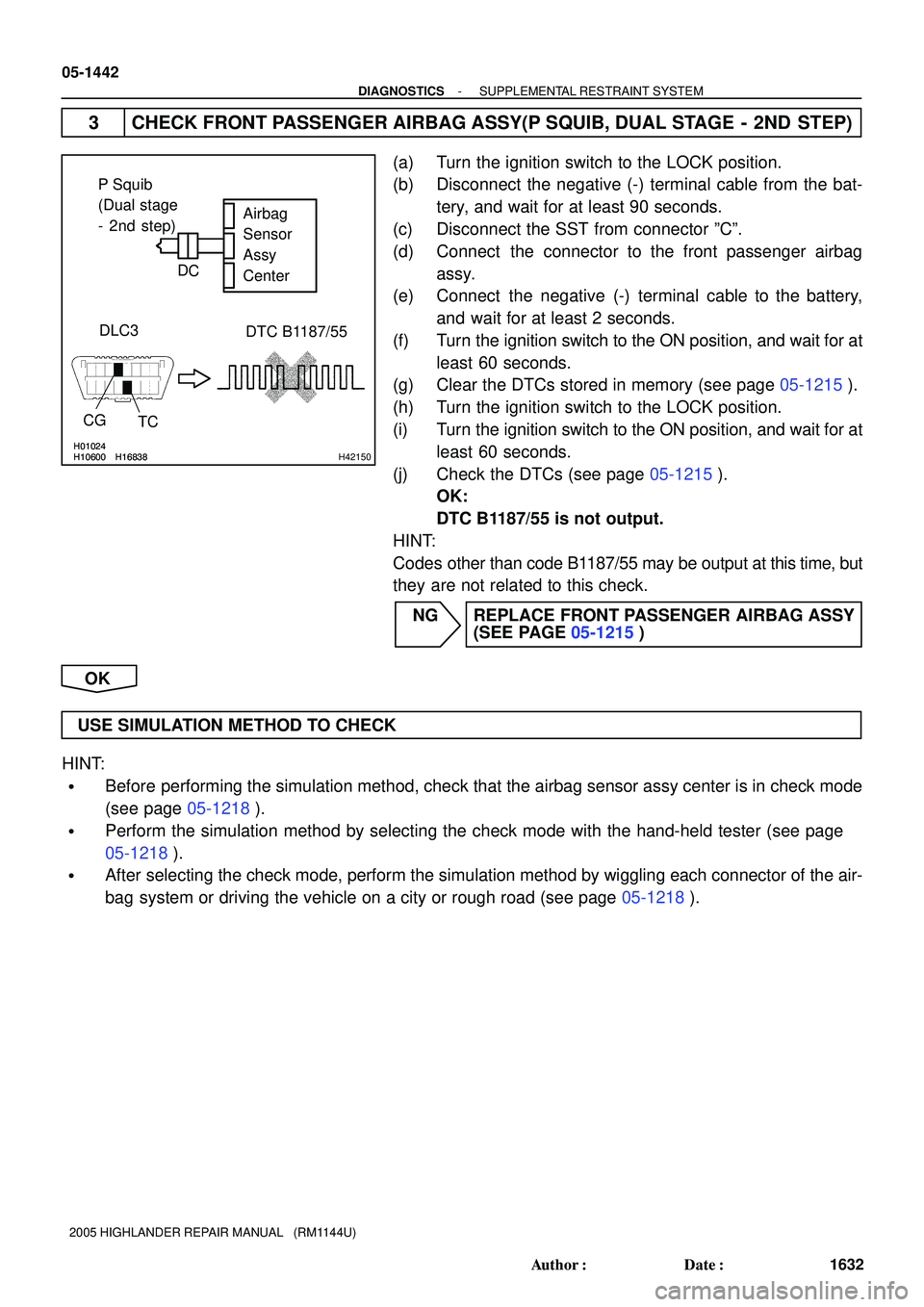 TOYOTA HIGHLANDER 2001  Service Repair Manual H10600H01024
H16838H10600H01024
H16838H42150
DTC B1187/55 DLC3Airbag
Sensor
Assy
Center
TC
P Squib
(Dual stage
- 2nd step)
CGD
C
05-1442
- DIAGNOSTICSSUPPLEMENTAL RESTRAINT SYSTEM
1632 Author: Date: