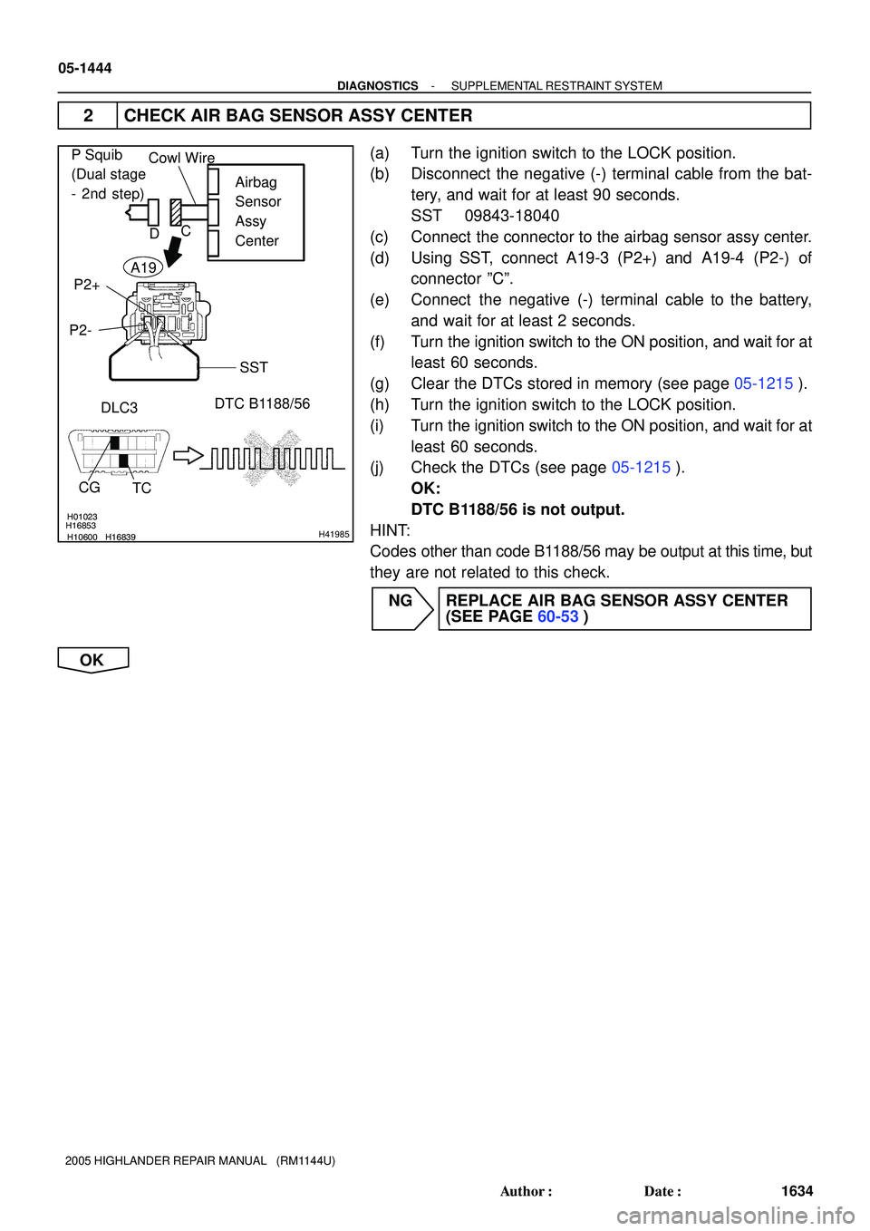 TOYOTA HIGHLANDER 2001  Service Repair Manual H01023
H10600H16839H16853H41985
Airbag
Sensor
Assy
Center
P2+
P2-
DTC B1188/56
DLC3
TC CG
P Squib
(Dual stage 
- 2nd step)Cowl Wire
SST C
D
A19
05-1444
- DIAGNOSTICSSUPPLEMENTAL RESTRAINT SYSTEM
1634 