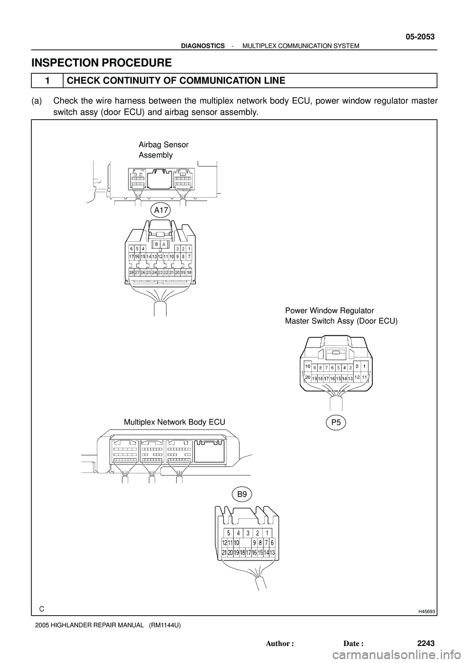 TOYOTA HIGHLANDER 2001  Service Repair Manual H45693
Power Window Regulator 
Master Switch Assy (Door ECU)
Multiplex Network Body ECUAirbag Sensor
Assembly
A17
B9
P5
- DIAGNOSTICSMULTIPLEX COMMUNICATION SYSTEM
05-2053
2243 Author: Date:
2005 HI
