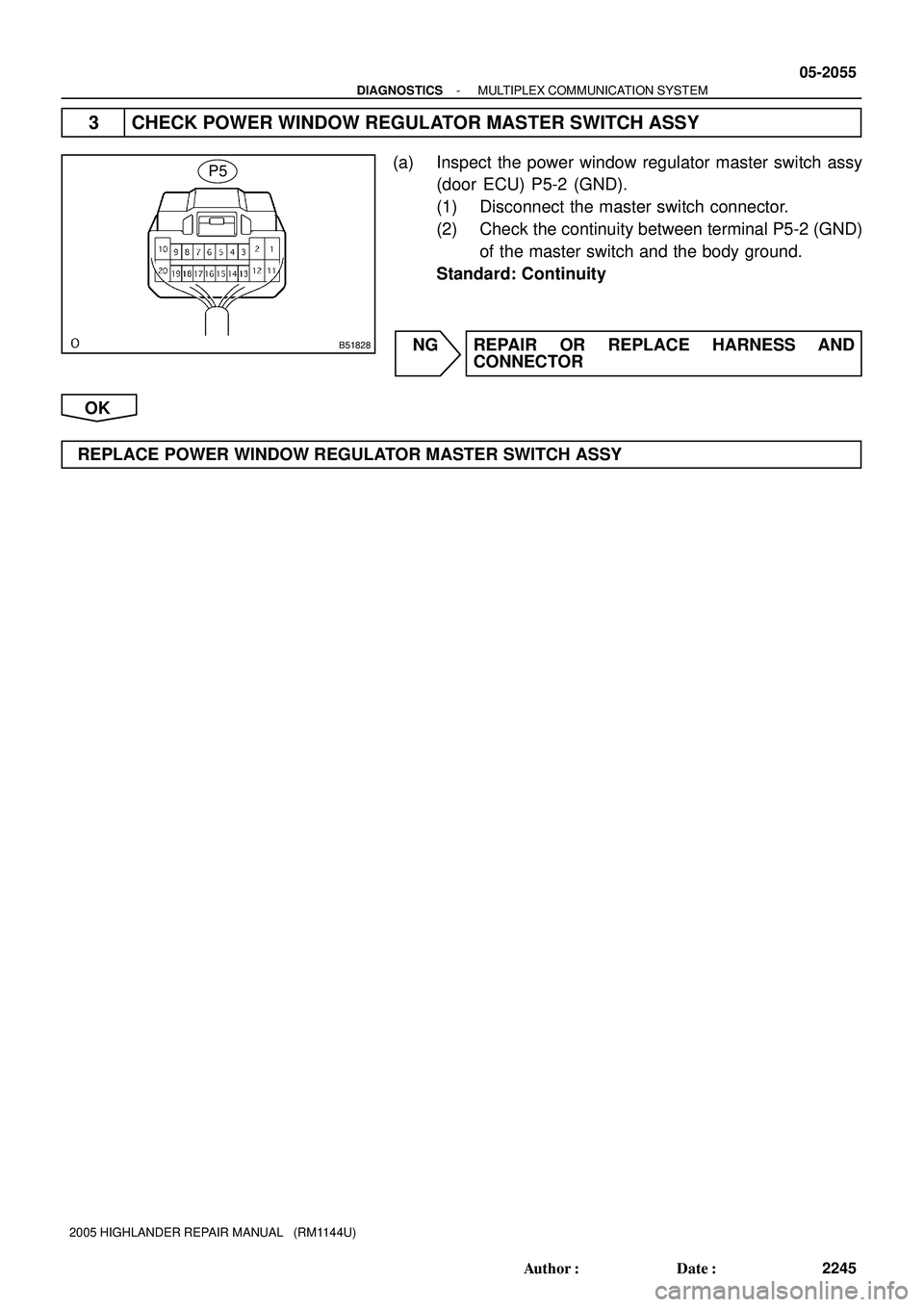 TOYOTA HIGHLANDER 2001  Service Repair Manual B51828
P5
- DIAGNOSTICSMULTIPLEX COMMUNICATION SYSTEM
05-2055
2245 Author: Date:
2005 HIGHLANDER REPAIR MANUAL   (RM1144U)
3 CHECK POWER WINDOW REGULATOR MASTER SWITCH ASSY
(a) Inspect the power win