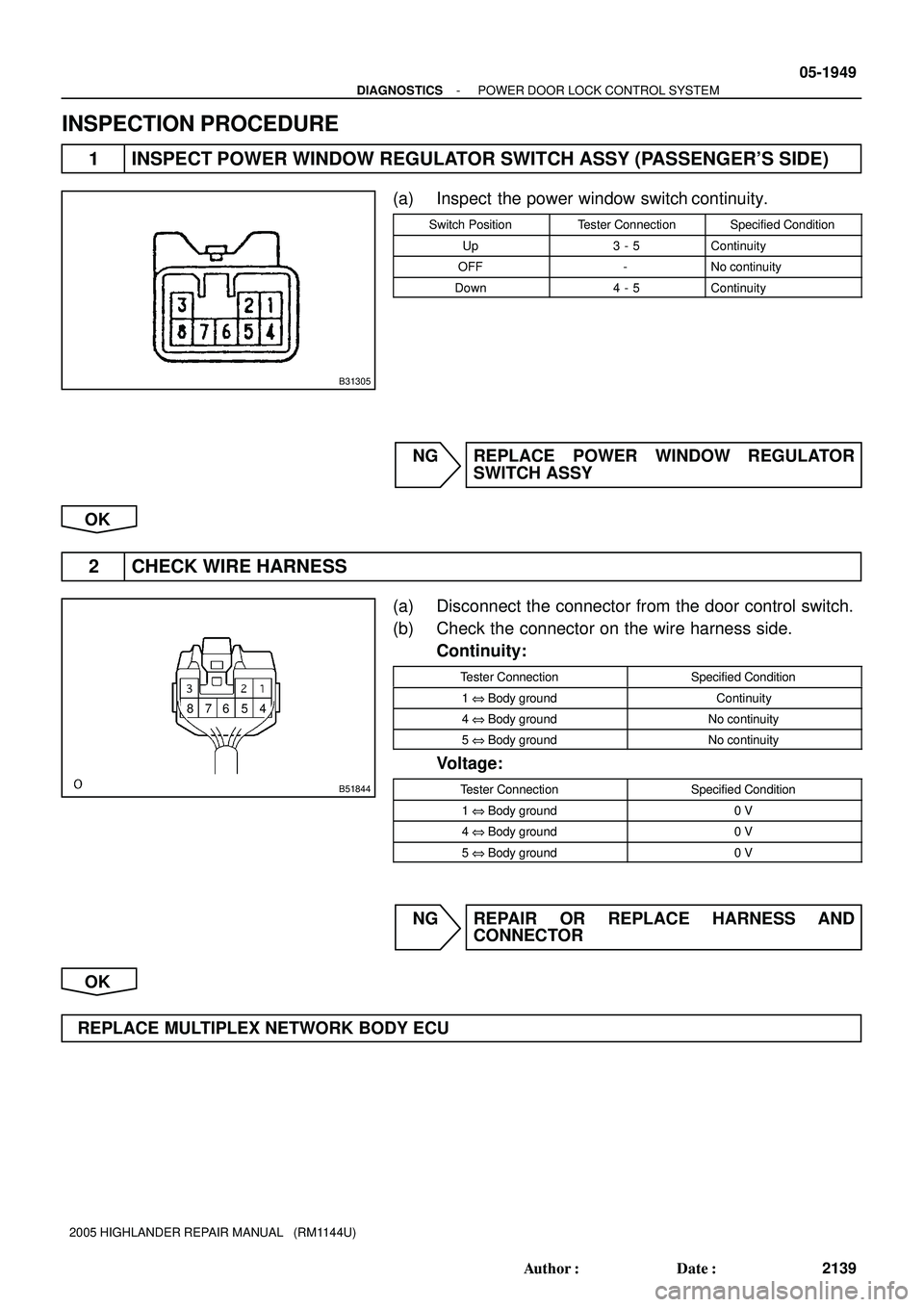 TOYOTA HIGHLANDER 2001  Service Repair Manual B31305
4 5 6 7 8
B51844
- DIAGNOSTICSPOWER DOOR LOCK CONTROL SYSTEM
05-1949
2139 Author: Date:
2005 HIGHLANDER REPAIR MANUAL   (RM1144U)
INSPECTION PROCEDURE
1 INSPECT POWER WINDOW REGULATOR SWITCH 