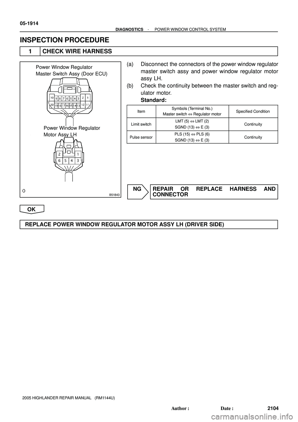 TOYOTA HIGHLANDER 2001  Service Repair Manual B51843
Power Window Regulator 
Master Switch Assy (Door ECU)
Power Window Regulator 
Motor Assy LH
05-1914
- DIAGNOSTICSPOWER WINDOW CONTROL SYSTEM
2104 Author: Date:
2005 HIGHLANDER REPAIR MANUAL  