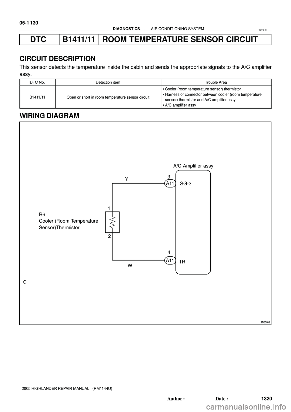 TOYOTA HIGHLANDER 2001  Service Repair Manual I18376
A/C Amplifier assy
SG-3
TR A11A113
4 Y
W R6
Cooler (Room Temperature 
Sensor)Thermistor1
2 05-1 130
- DIAGNOSTICSAIR CONDITIONING SYSTEM
1320 Author: Date:
2005 HIGHLANDER REPAIR MANUAL   (RM