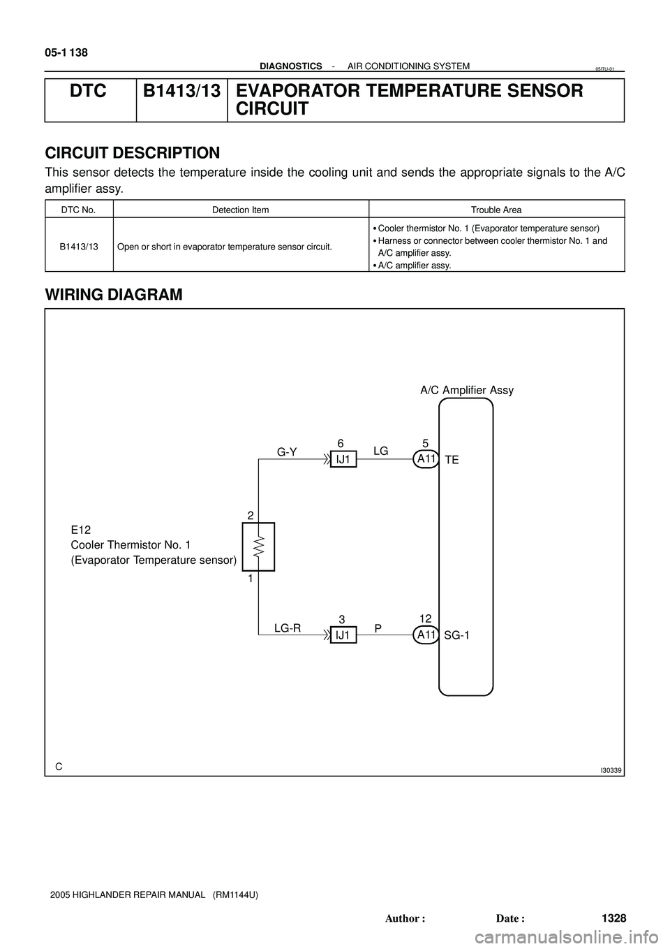 TOYOTA HIGHLANDER 2001  Service Repair Manual I30339
A/C Amplifier Assy
TE
SG-1 A115
12 LG
LG-R E12
Cooler Thermistor No. 1
(Evaporator Temperature sensor)
1 2G-Y6
IJ1
P
A11
IJ13 05-1 138
- DIAGNOSTICSAIR CONDITIONING SYSTEM
1328 Author: Date:
