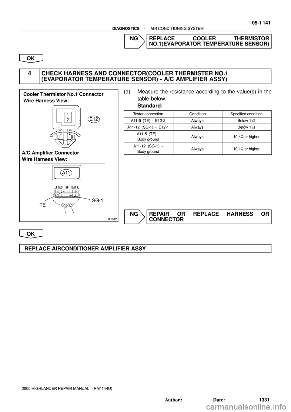 TOYOTA HIGHLANDER 2001  Service Repair Manual I41012
E12
A11
SG-1
TE A/C Amplifier Connector 
Wire Harness View:
Cooler Thermistor No.1 Connector
Wire Harness View:
- DIAGNOSTICSAIR CONDITIONING SYSTEM
05-1 141
1331 Author: Date:
2005 HIGHLANDE
