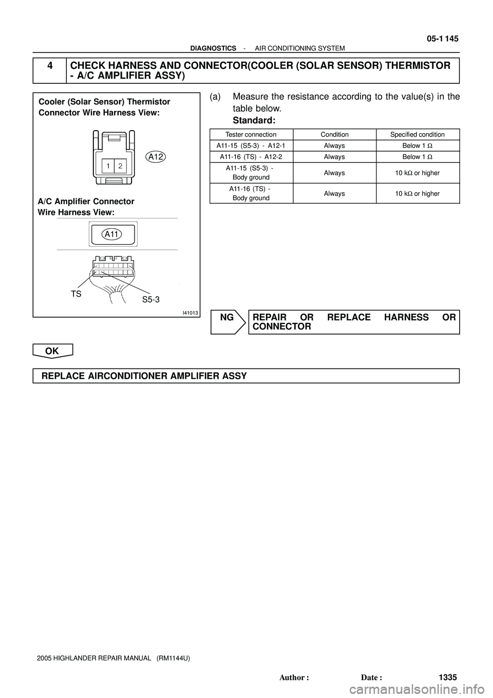 TOYOTA HIGHLANDER 2001  Service Repair Manual I41013
A12
A11
Cooler (Solar Sensor) Thermistor 
Connector Wire Harness View:
A/C Amplifier Connector 
Wire Harness View:
TS
S5-3
- DIAGNOSTICSAIR CONDITIONING SYSTEM
05-1 145
1335 Author: Date:
200