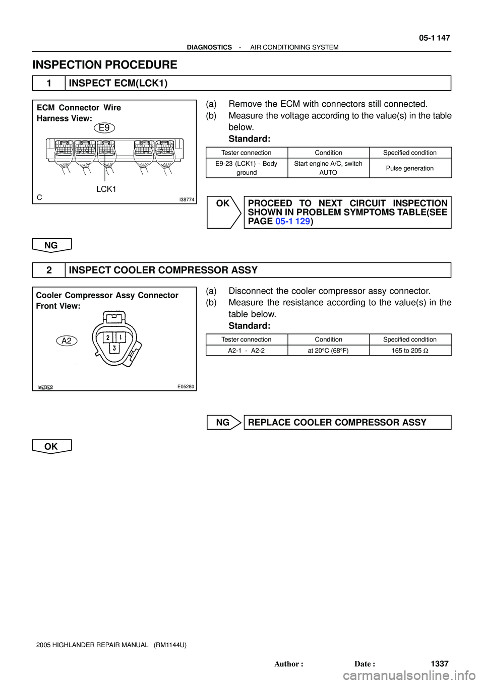 TOYOTA HIGHLANDER 2001  Service Repair Manual I38774
ECM Connector Wire
Harness View:
LCK1
E9
le32E05280
Cooler Compressor Assy Connector
Front View:
A2
- DIAGNOSTICSAIR CONDITIONING SYSTEM
05-1 147
1337 Author: Date:
2005 HIGHLANDER REPAIR MAN