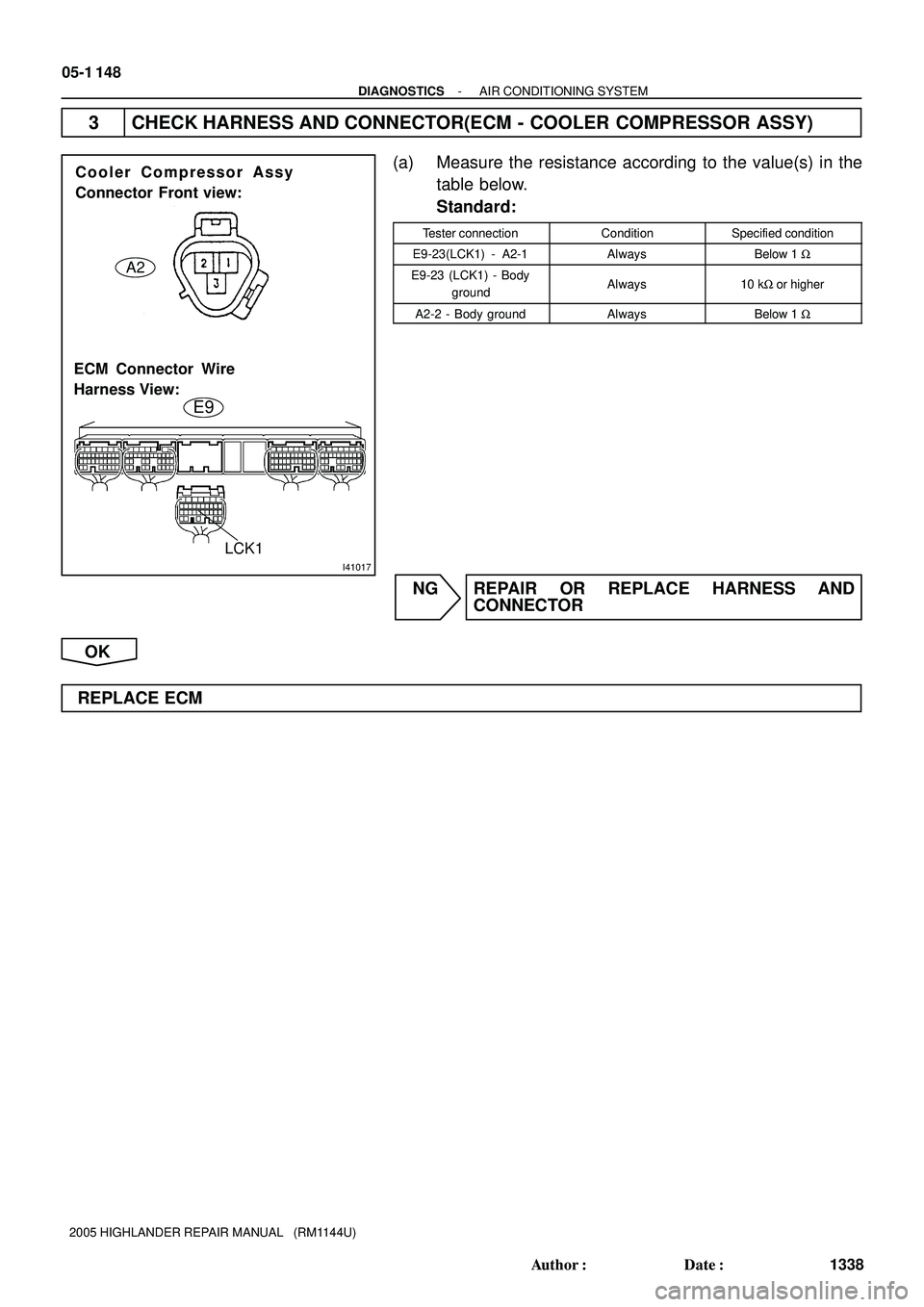TOYOTA HIGHLANDER 2001  Service Repair Manual I41017
Cooler Compressor Assy
Connector Front view:
ECM Connector Wire
Harness View:
E9
LCK1
A2
05-1 148
- DIAGNOSTICSAIR CONDITIONING SYSTEM
1338 Author: Date:
2005 HIGHLANDER REPAIR MANUAL   (RM11