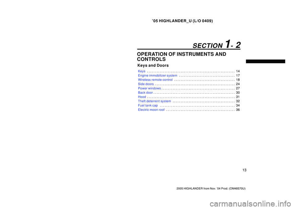 TOYOTA HIGHLANDER 2001 Service Repair Manual 05 HIGHLANDER_U (L/O 0409)
13
2005 HIGHLANDER from Nov. 04 Prod. (OM48570U)
OPERATION OF INSTRUMENTS AND
CONTROLS
Keys and Doors
Keys14 . . . . . . . . . . . . . . . . . . . . . . . . . . . . . . . TOYOTA HIGHLANDER 2001 Service Repair Manual 05 HIGHLANDER_U (L/O 0409)
13
2005 HIGHLANDER from Nov. 04 Prod. (OM48570U)
OPERATION OF INSTRUMENTS AND
CONTROLS
Keys and Doors
Keys14 . . . . . . . . . . . . . . . . . . . . . . . . . . . . . . .