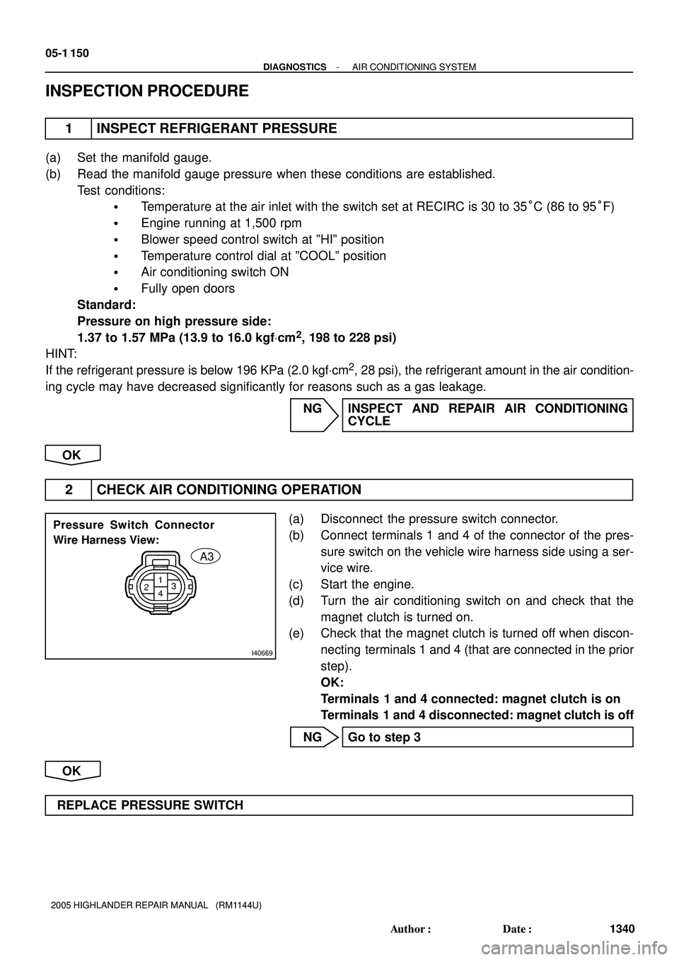 TOYOTA HIGHLANDER 2001  Service Repair Manual I40669
Pressure Switch Connector
Wire Harness View:
A3
05-1 150
- DIAGNOSTICSAIR CONDITIONING SYSTEM
1340 Author: Date:
2005 HIGHLANDER REPAIR MANUAL   (RM1144U)
INSPECTION PROCEDURE
1 INSPECT REFRI