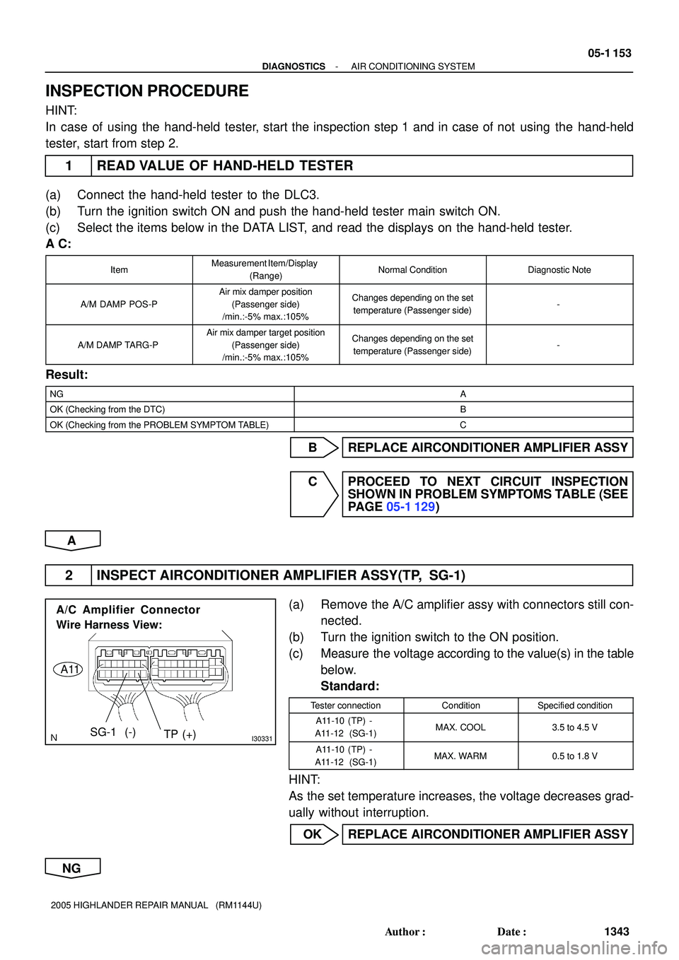 TOYOTA HIGHLANDER 2001  Service Repair Manual I30331SG-1  (-)
TP (+)
A/C Amplifier Connector
Wire Harness View:
A11
- DIAGNOSTICSAIR CONDITIONING SYSTEM
05-1 153
1343 Author: Date:
2005 HIGHLANDER REPAIR MANUAL   (RM1144U)
INSPECTION PROCEDURE
